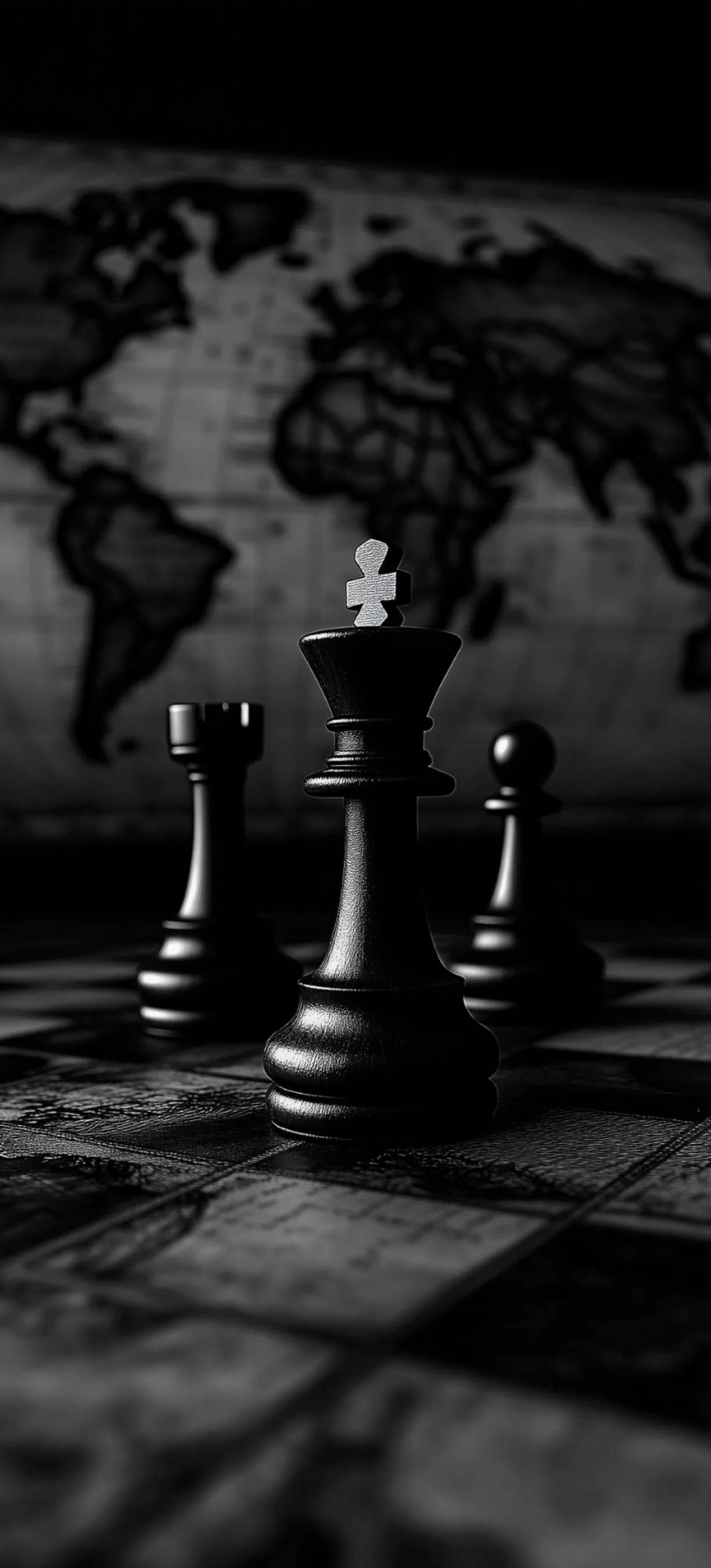 Strategic chess pieces set against a world map background