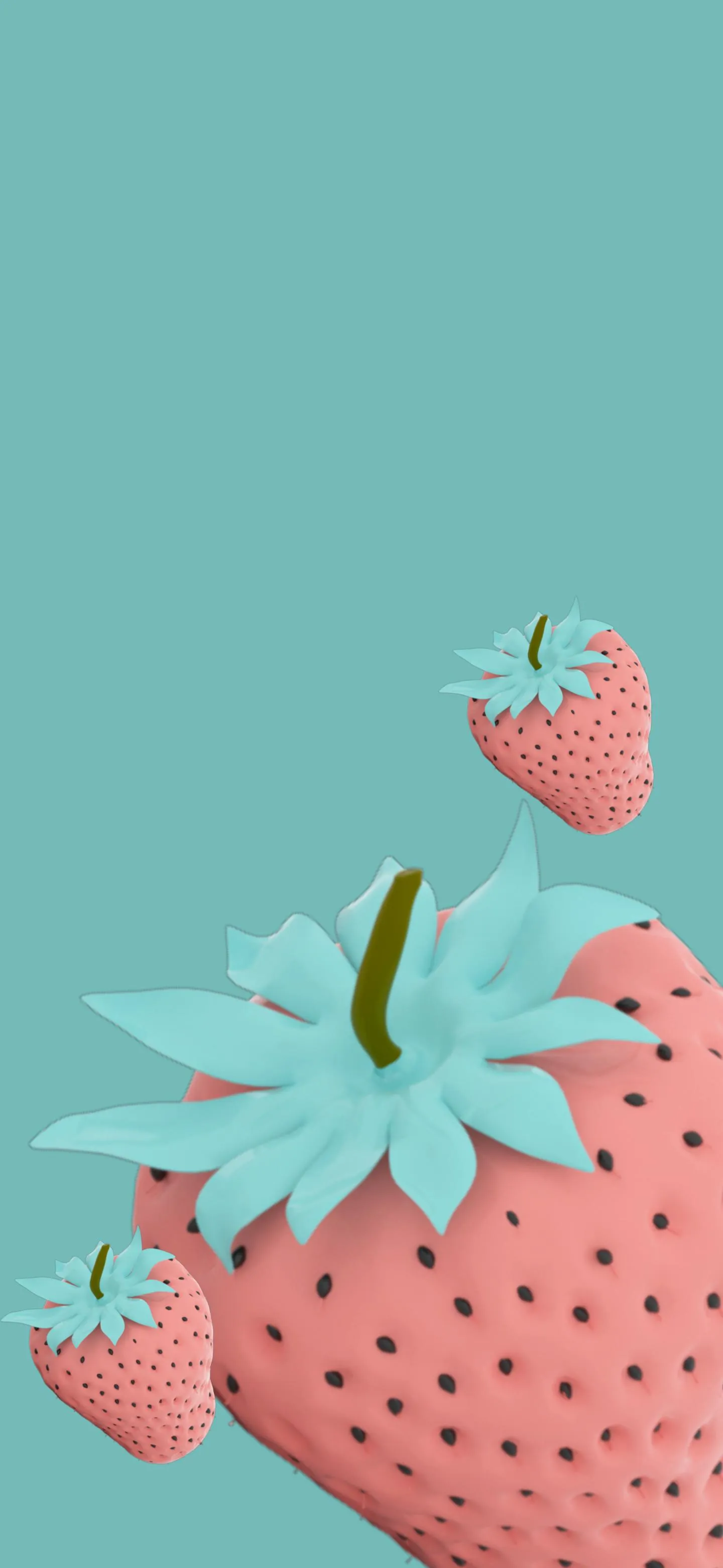Strawberry Art on Blue Background with Leaves Wallpaper