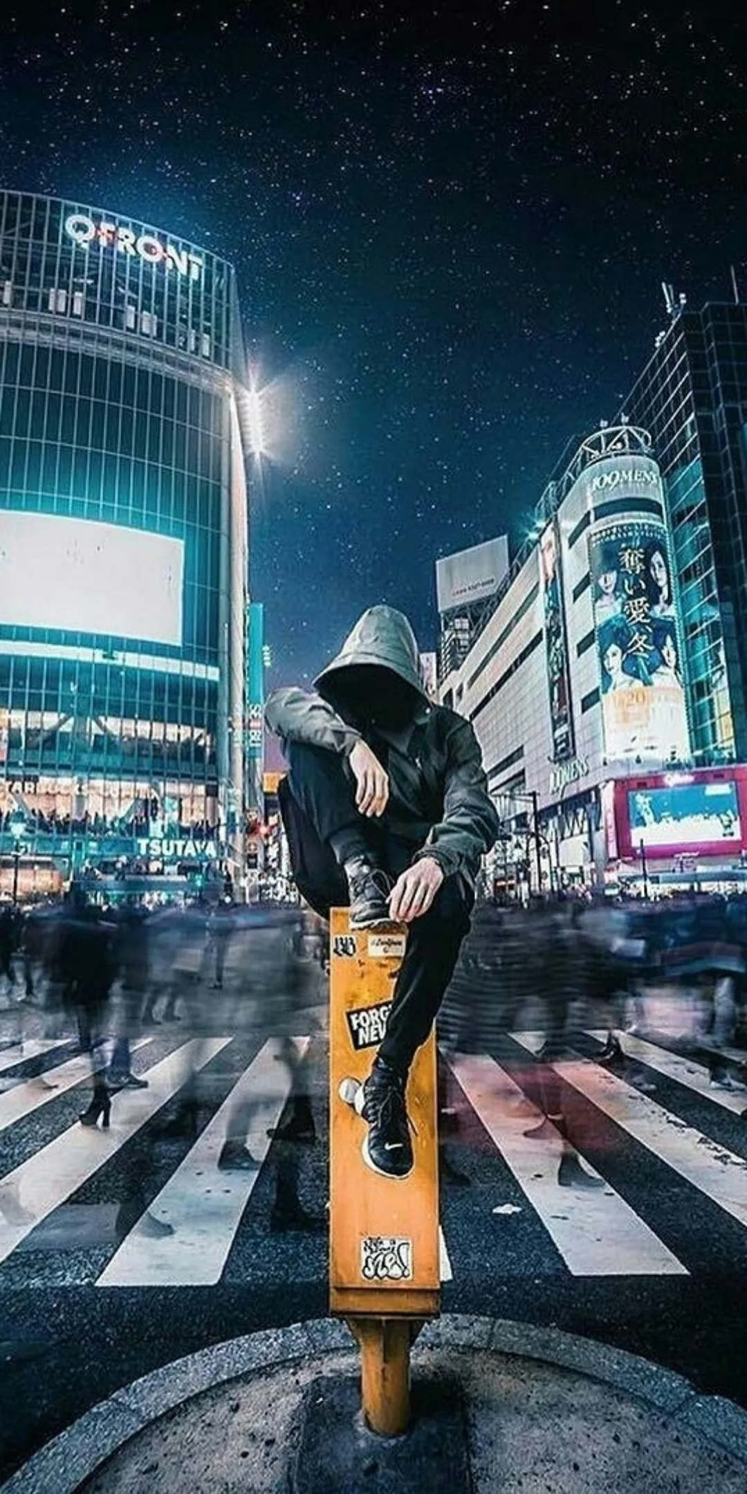 Street Dancer in Neon Lit Cityscape at Night Downtown