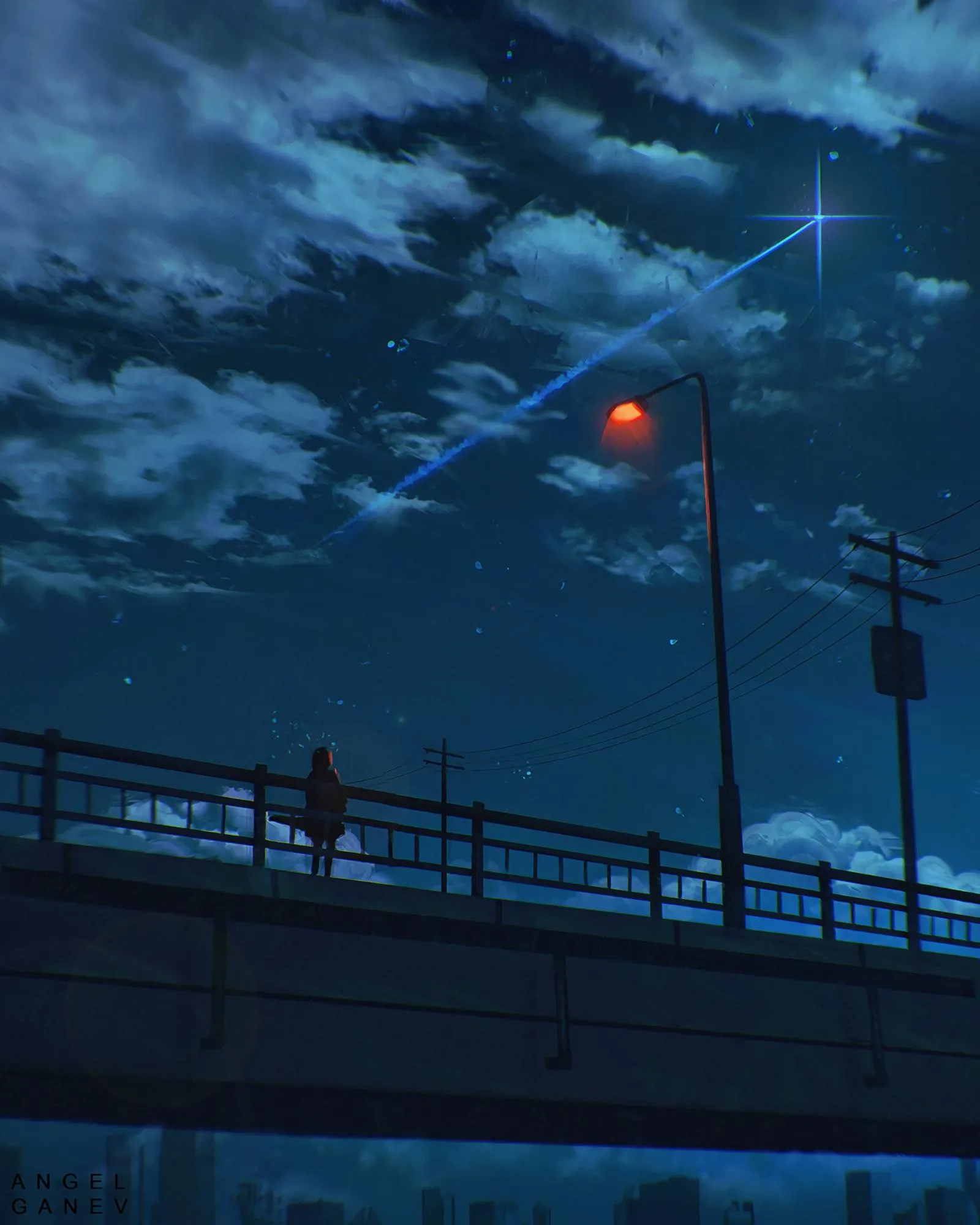 Street Lamp and Red Moon Scene with Calm Night Sky