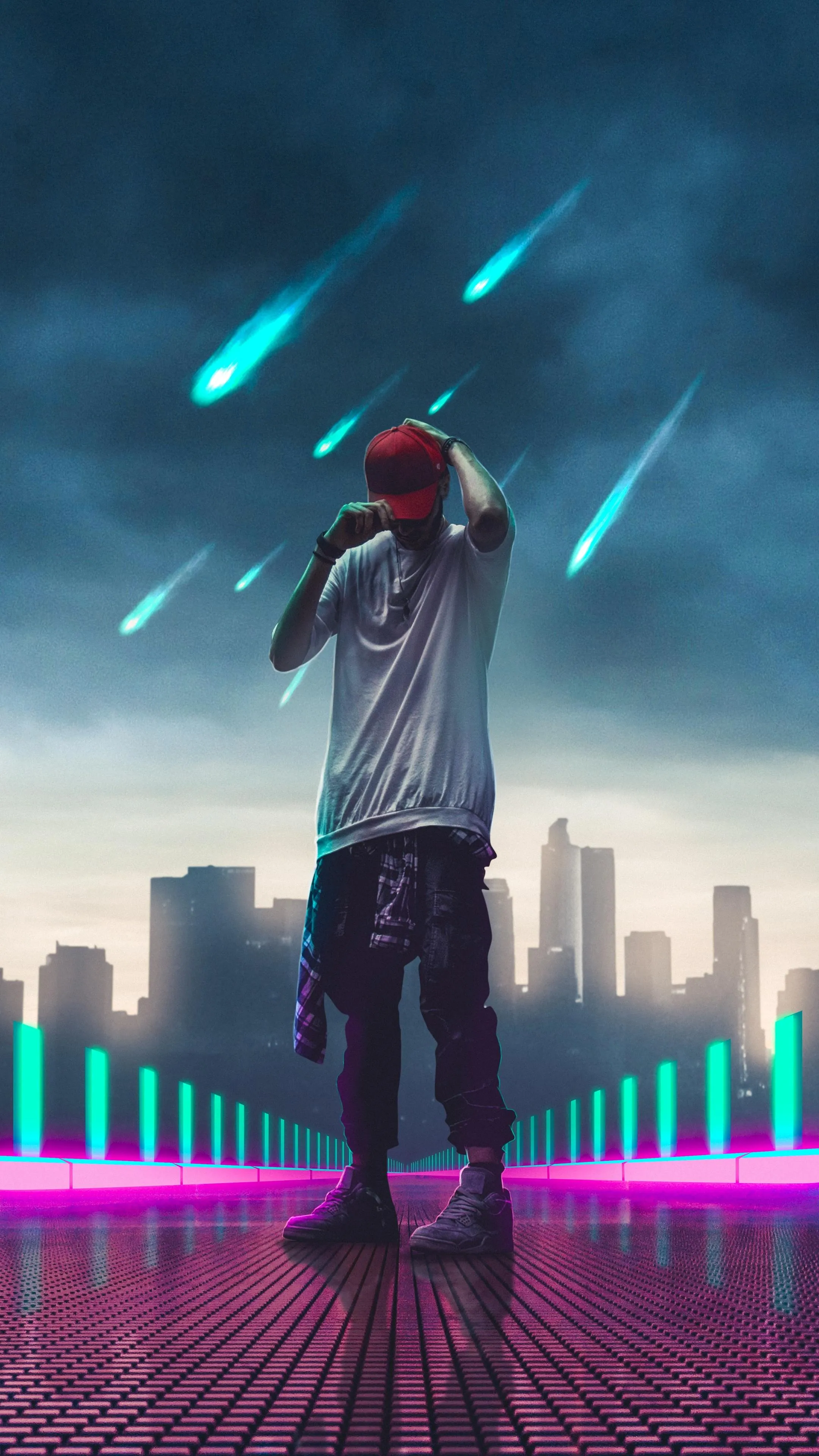 Streetwear Style with Neon Lights and Falling Meteors