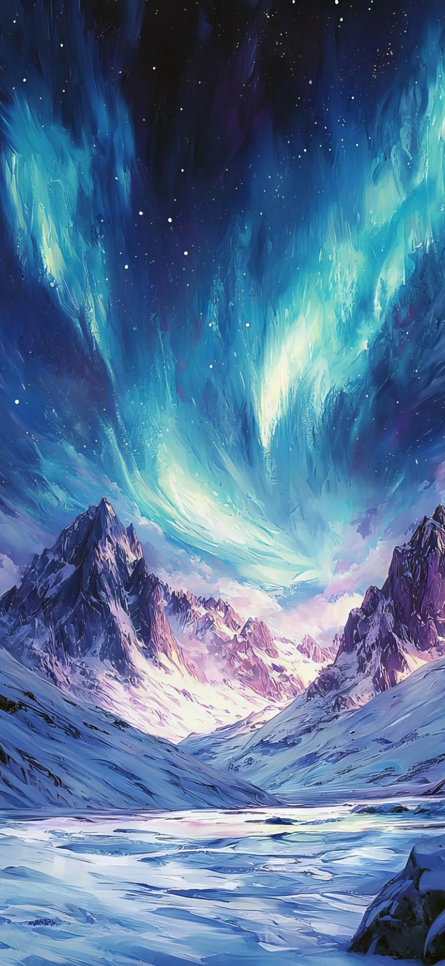 Stunning Frozen Mountain Valley Under Vibrant Night Sky