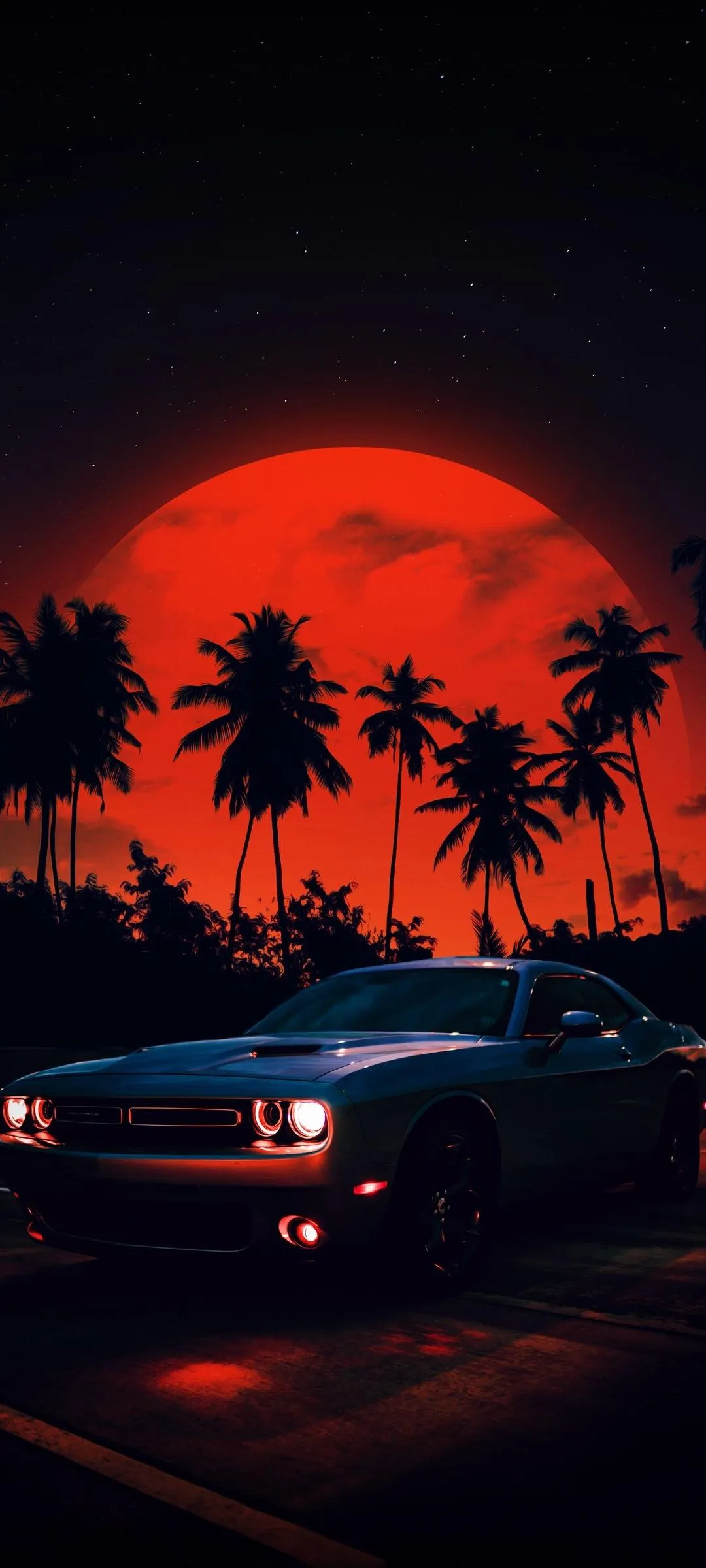 Stunning Sunset Drive Under Red Tropical Sky Wallpaper