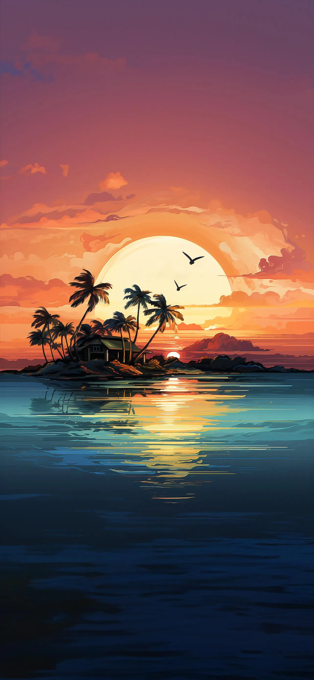 Stunning Sunset on a Calm Beach with Palm Trees Wallpaper