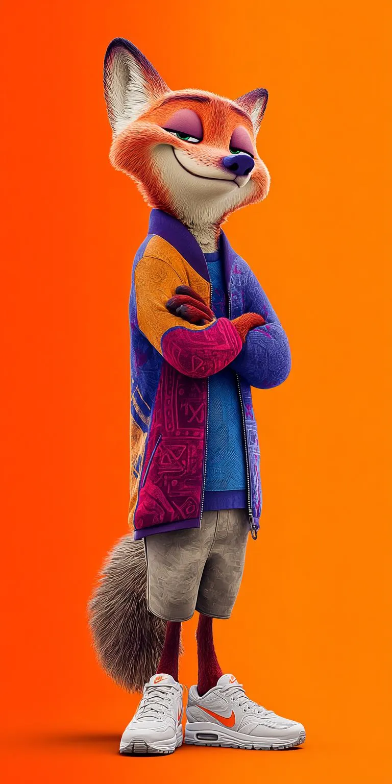 Stylish Cartoon Fox Wearing Colorful Jacket and Sneakers