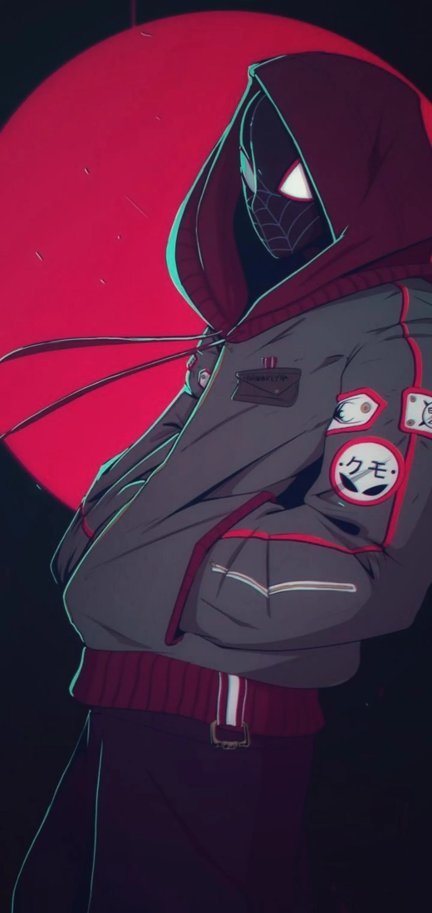 Stylish Masked Hero in Hoodie Under Glowing Red Moon