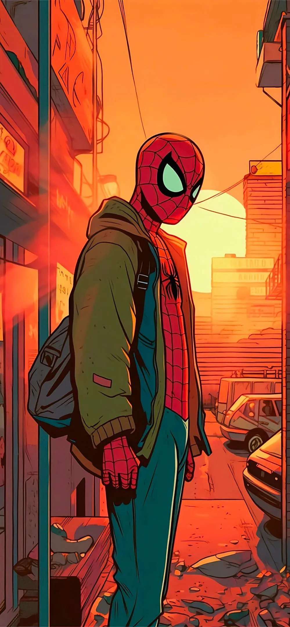 Stylish Spider Man Standing in Urban Orange Cityscape