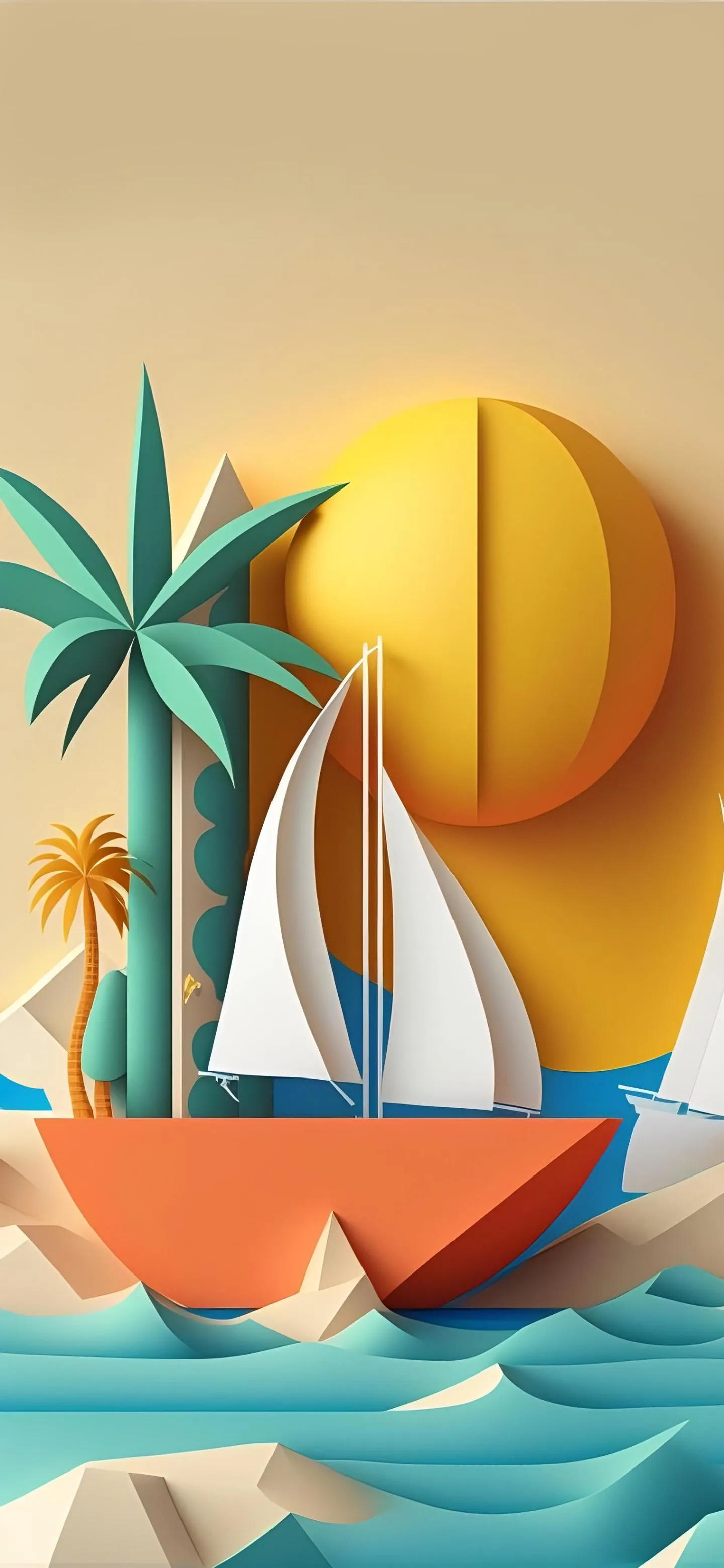 Summer Beach Scene with Boats Palm Trees and Sunset Sky