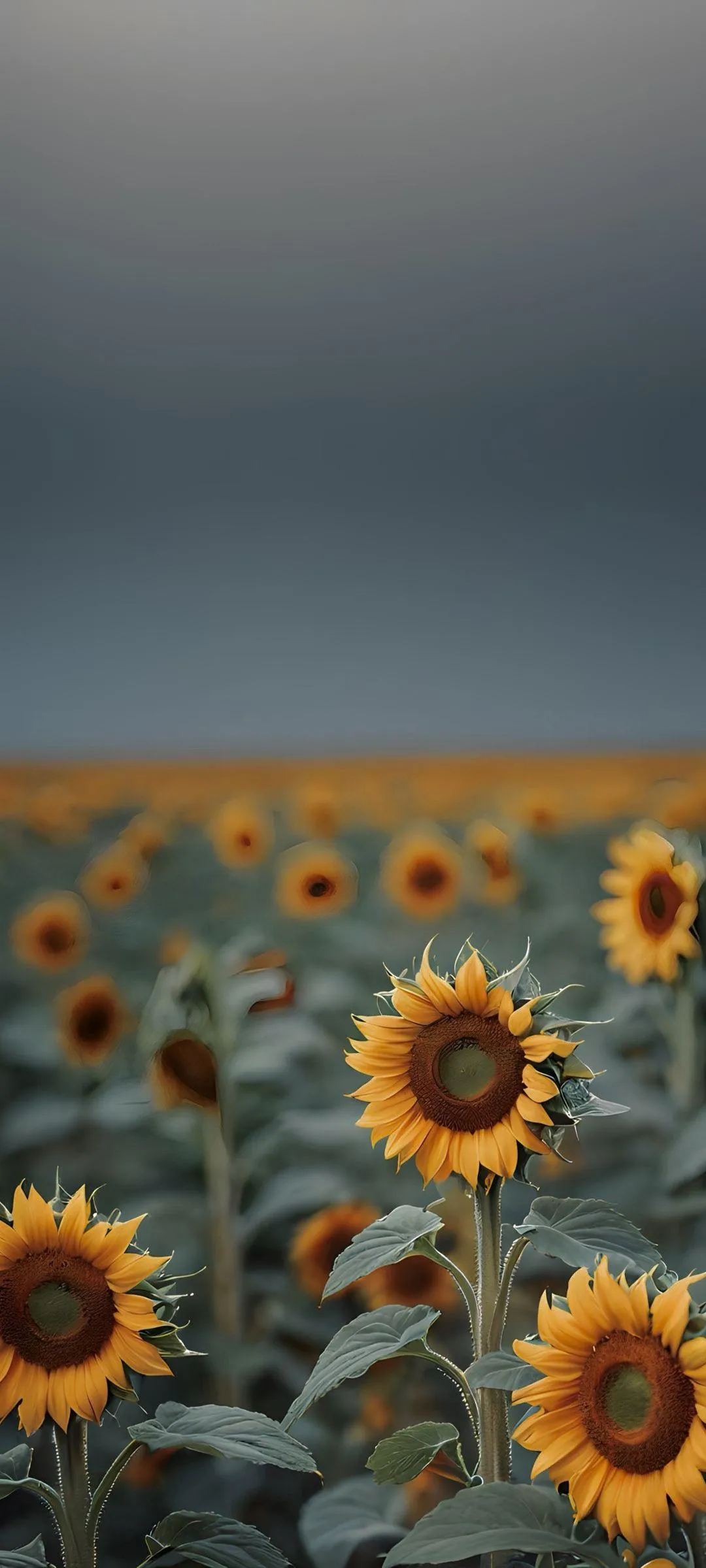 Sunflower Field Under Cloudy Sky with Calm Ambience