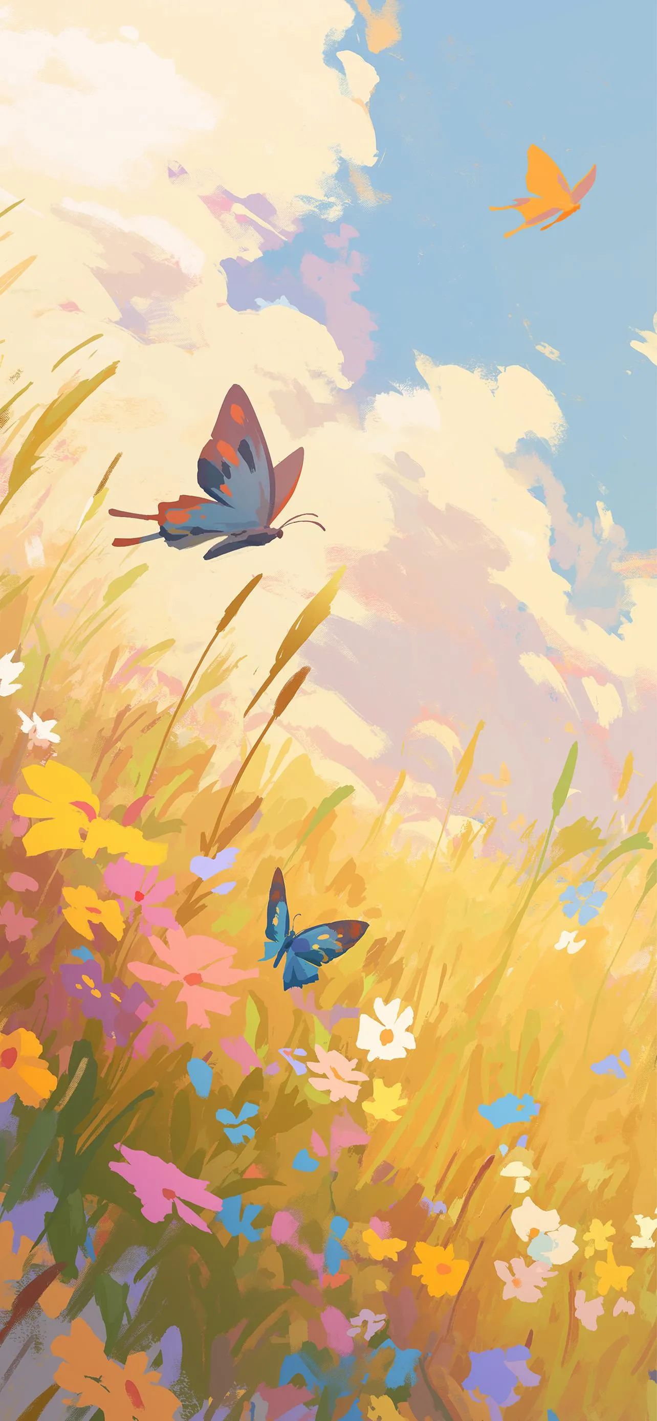 Sunlit Meadow with Butterflies and Blooming Flowers