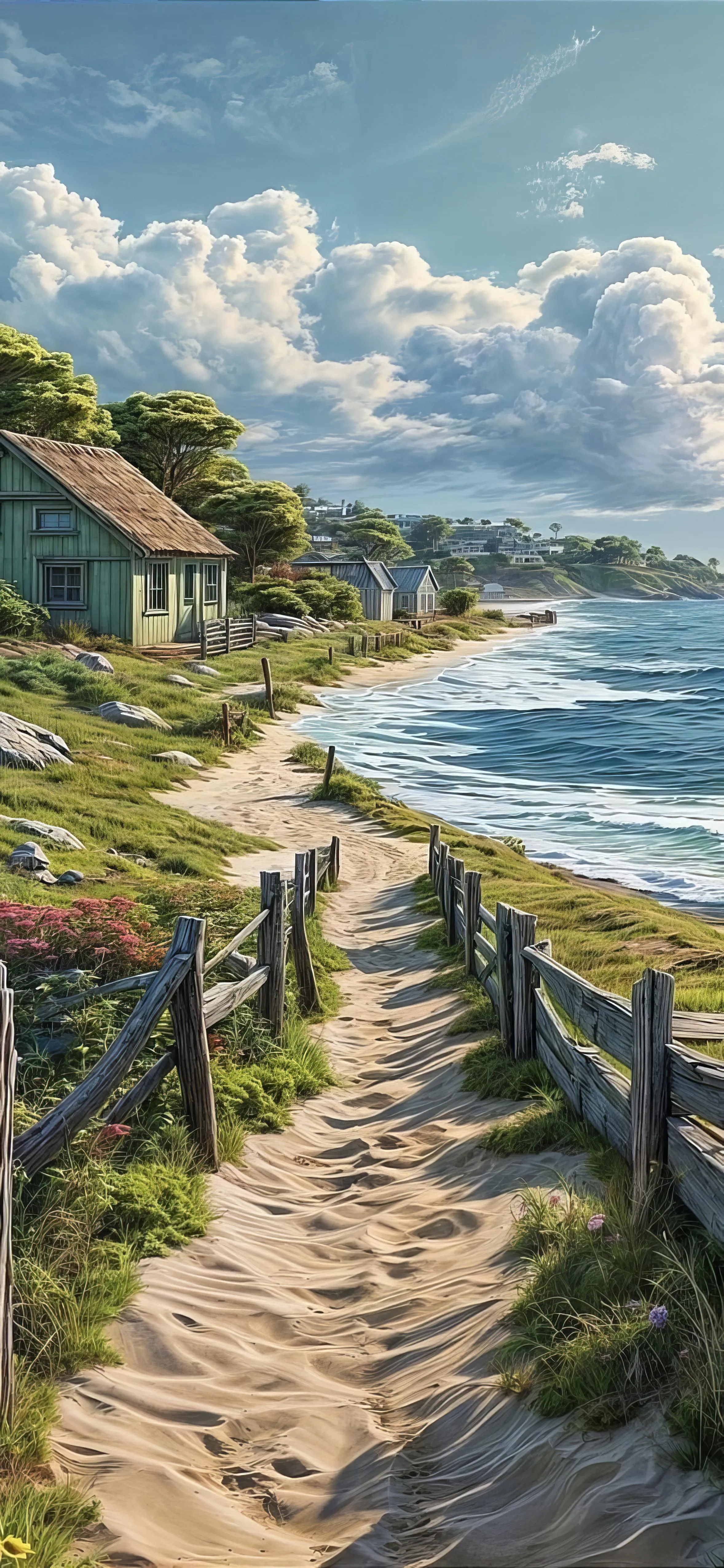 Sunny Coastal Pathway Leading To Beach and Blue Sky