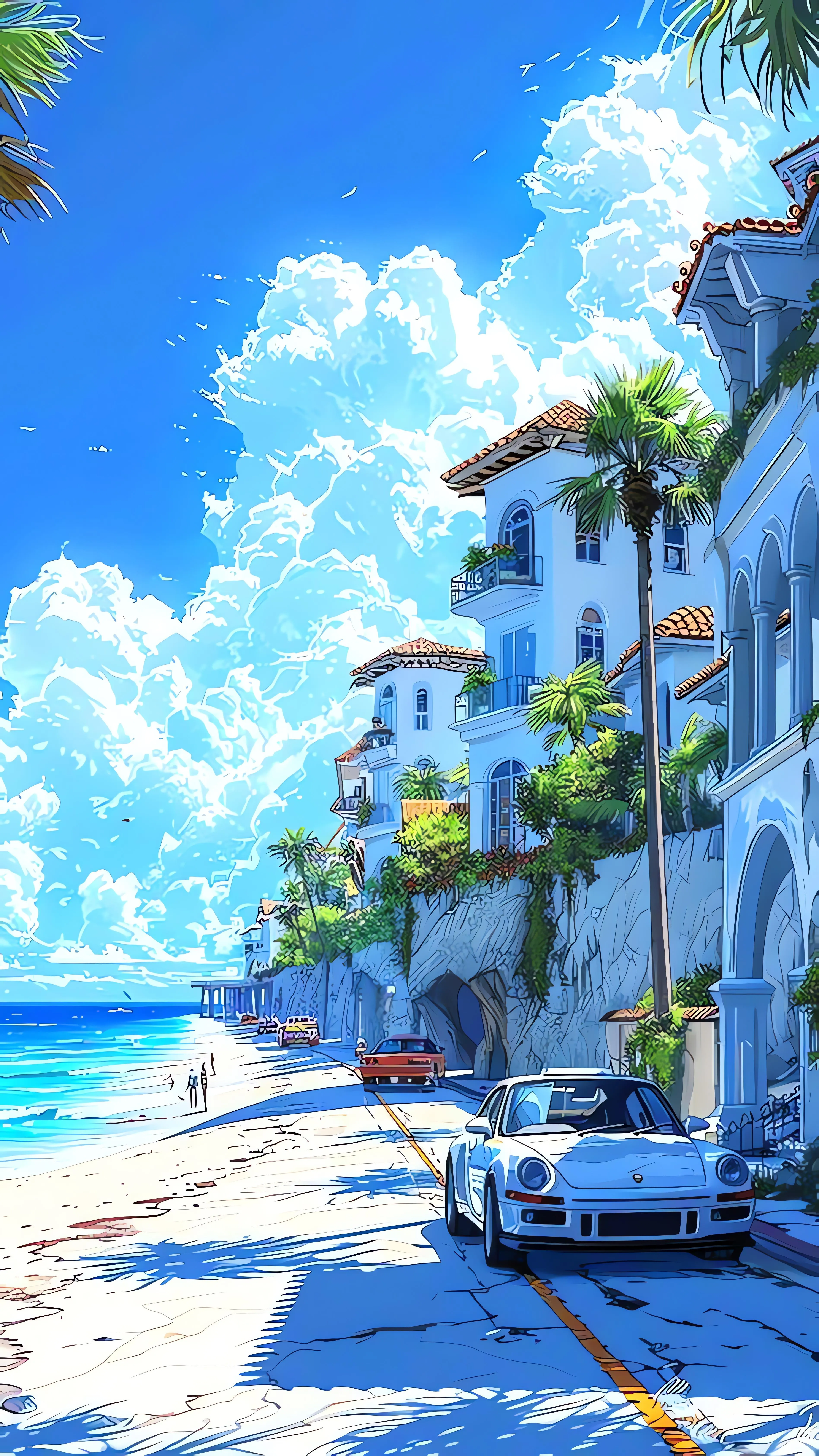 Sunny Coastal Street with White Buildings and Blue Skies
