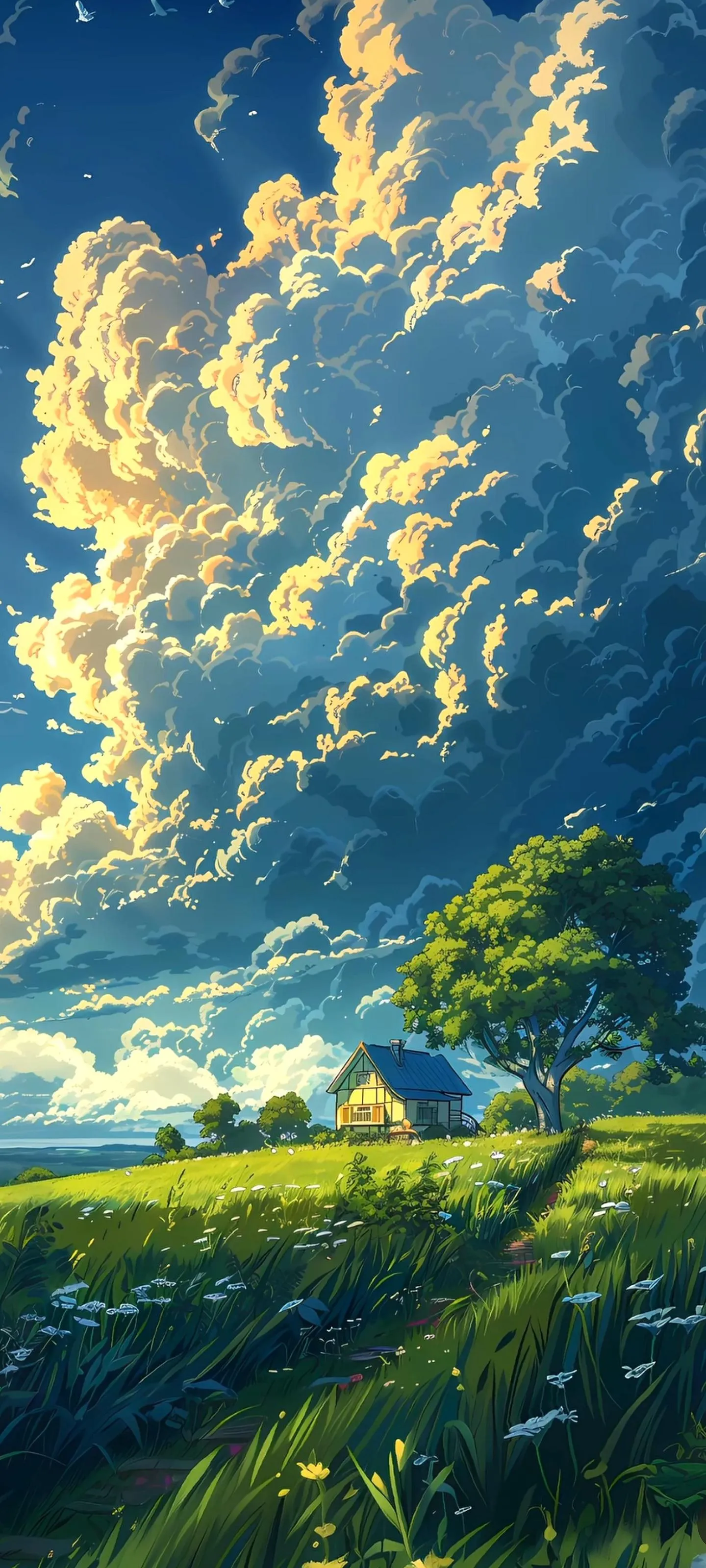Sunny Countryside Landscape with Rolling Hills and Clouds