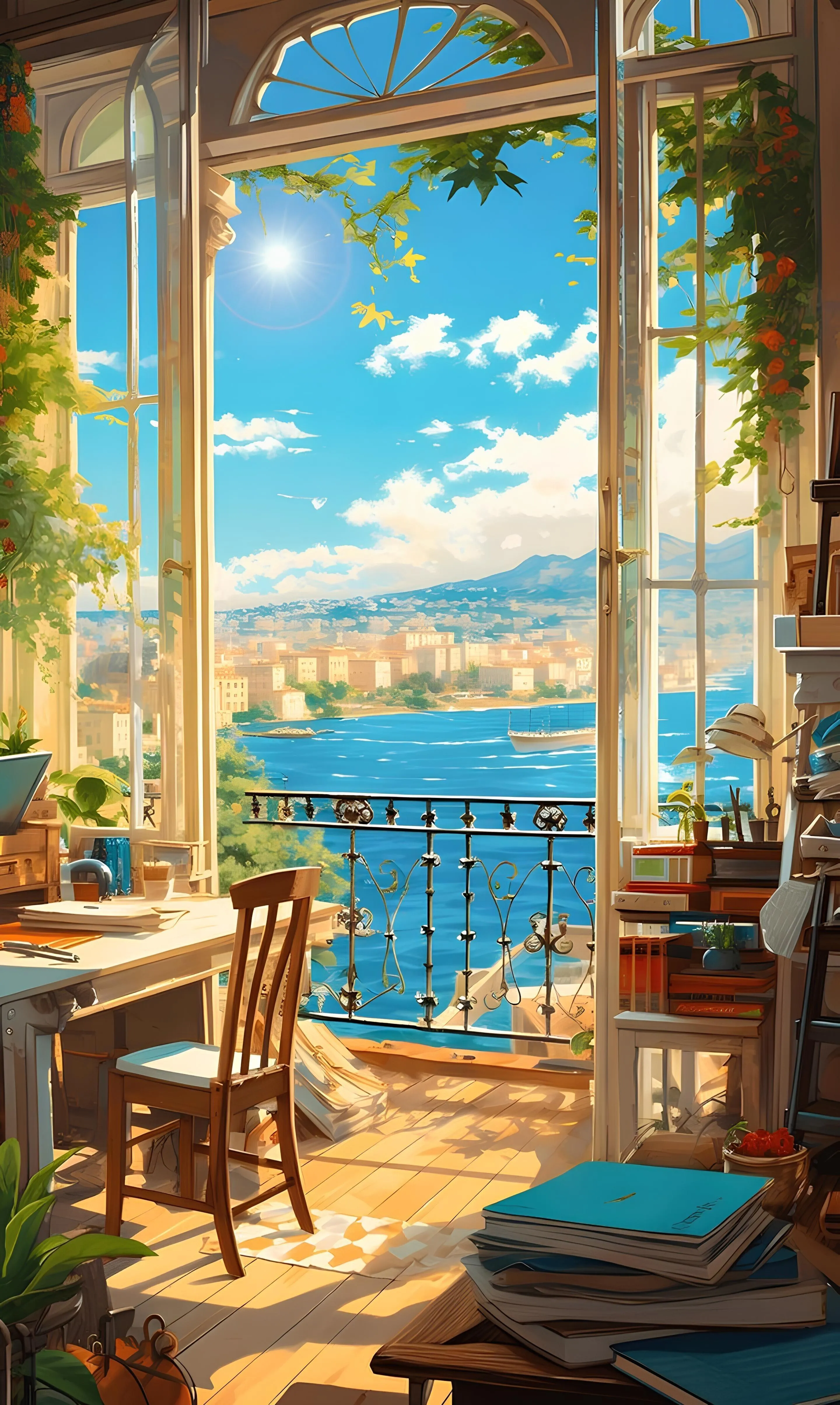 Sunny Room with Ocean View and Cozy Indoor Plants Image
