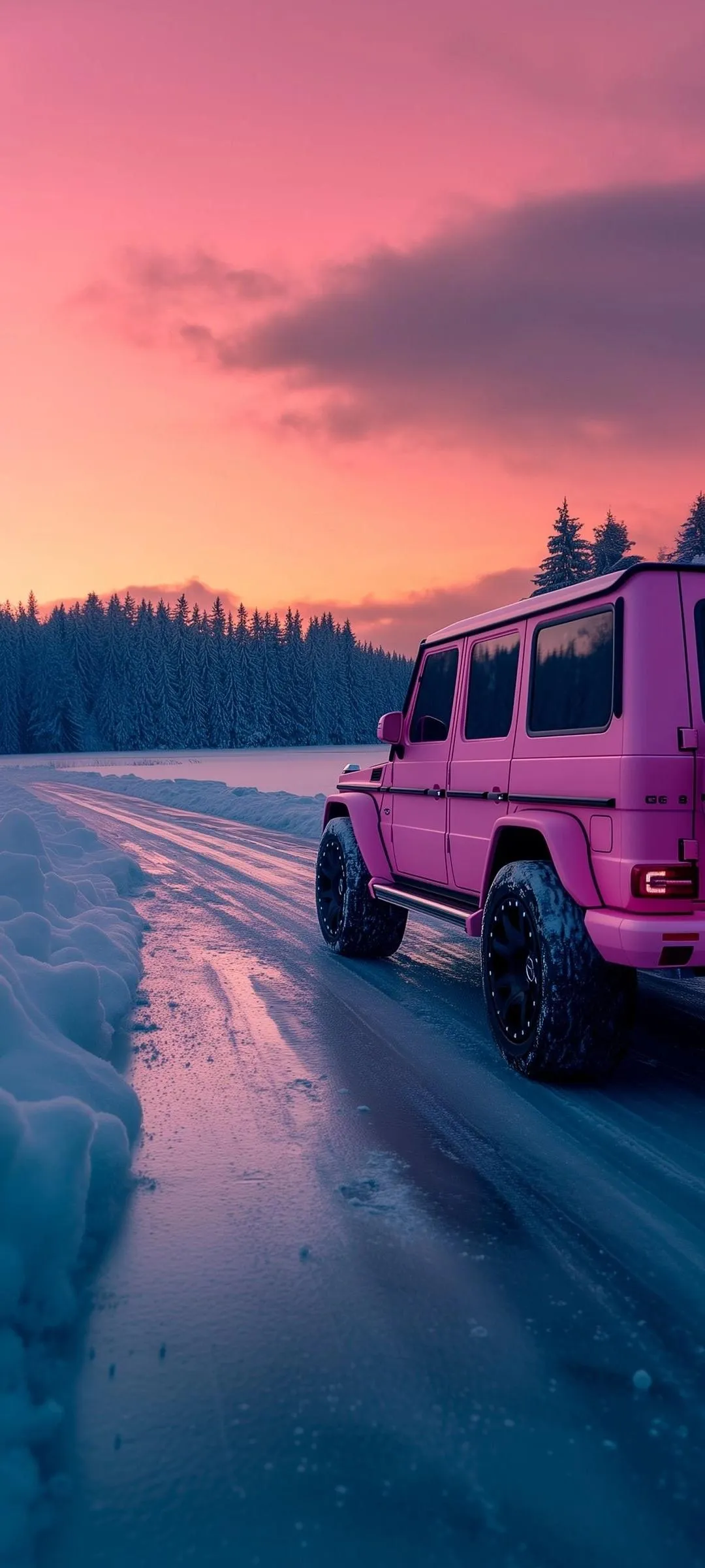 Sunset Drive Scene with Pink Skies and Calm Roadway