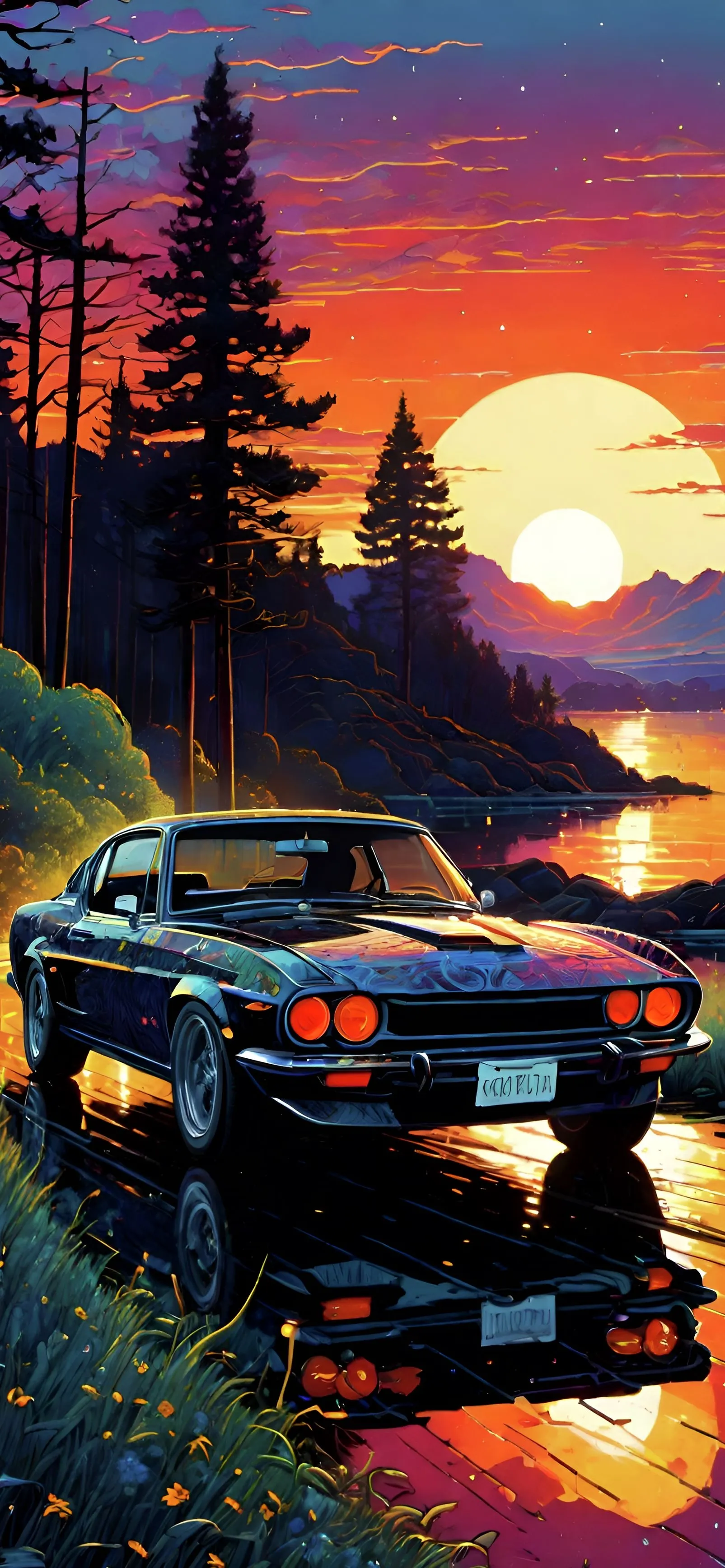 Sunset Drive with Classic Cars and Pine Trees Wallpaper