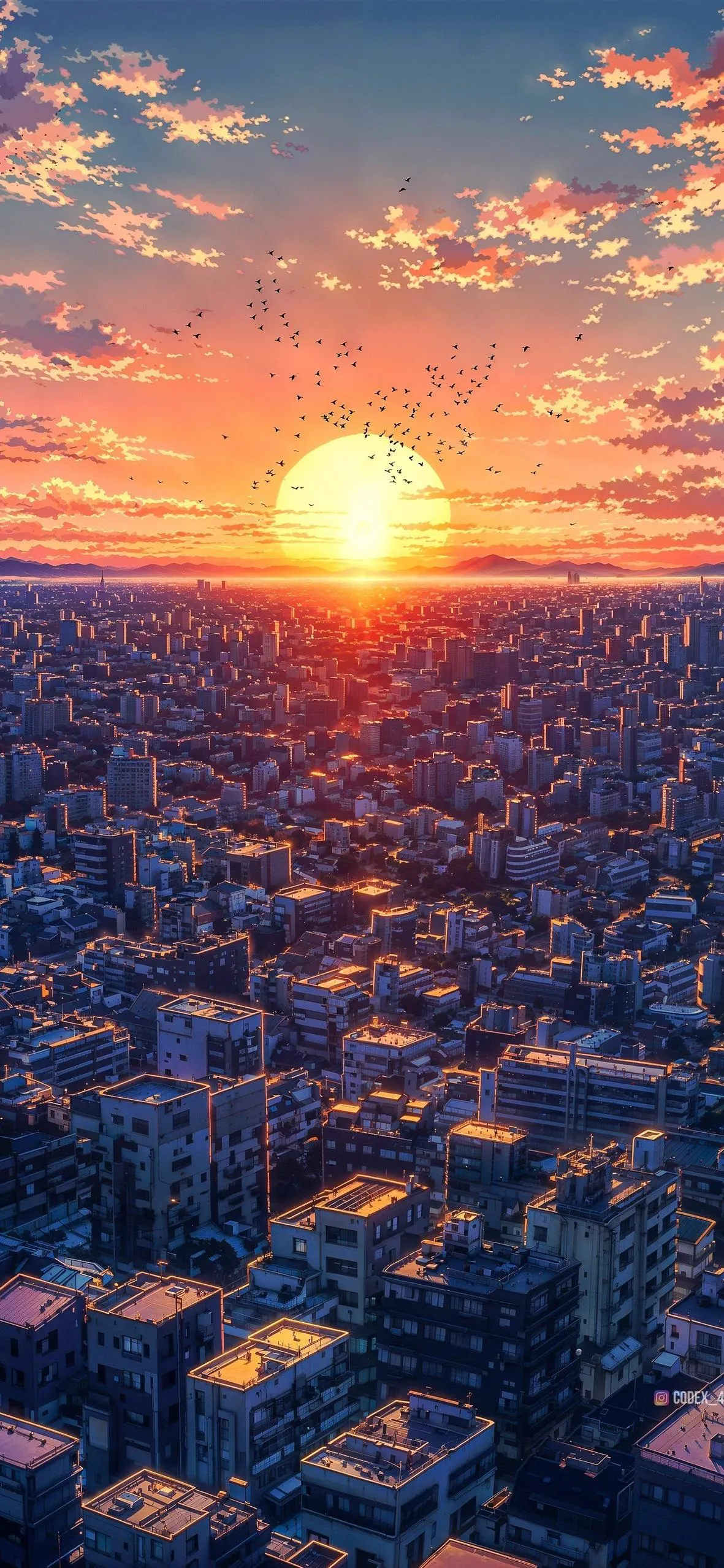 Sunset Over City Skyline with Warm Orange and Pink Colors