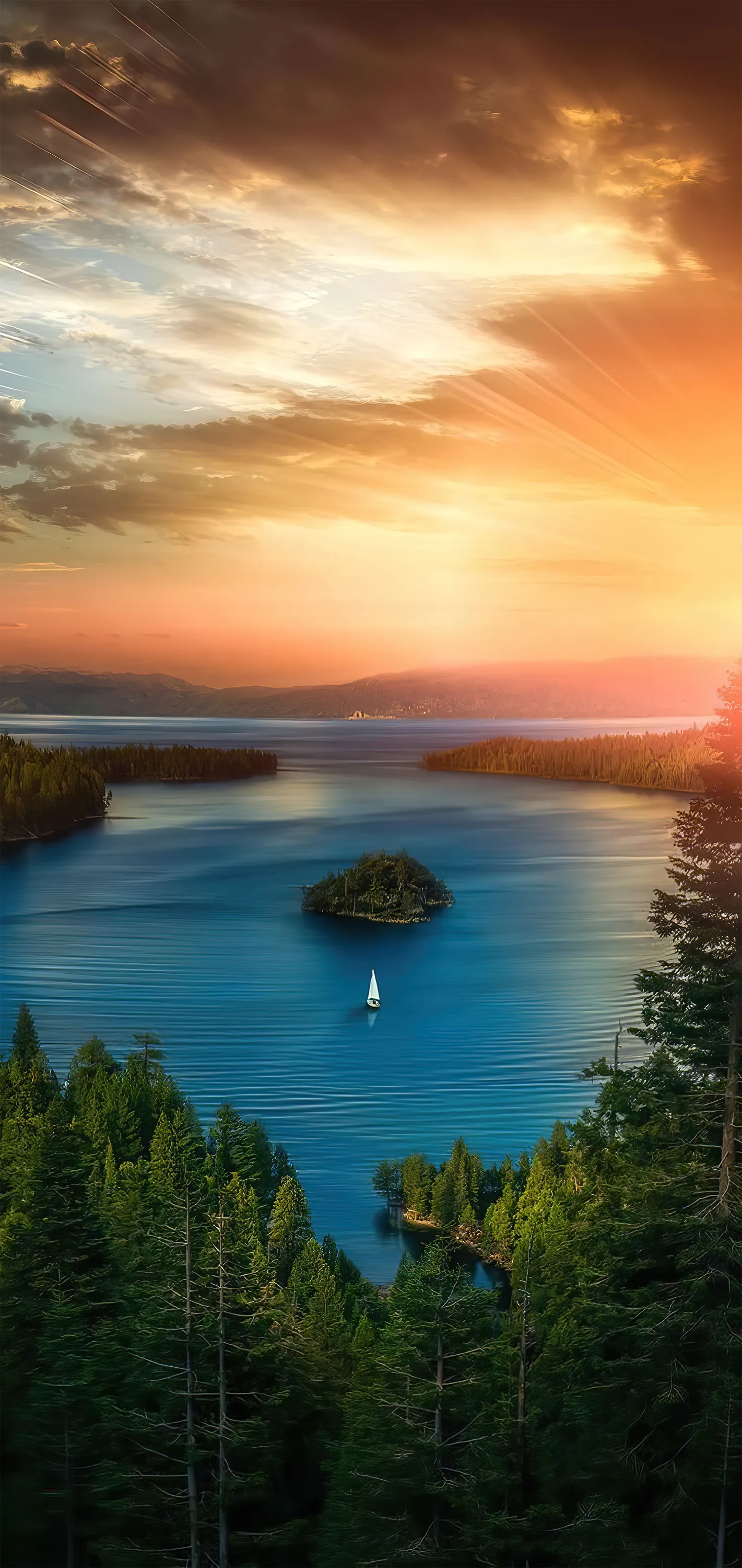 Sunset Over Ocean with Small Island and Green Trees Image