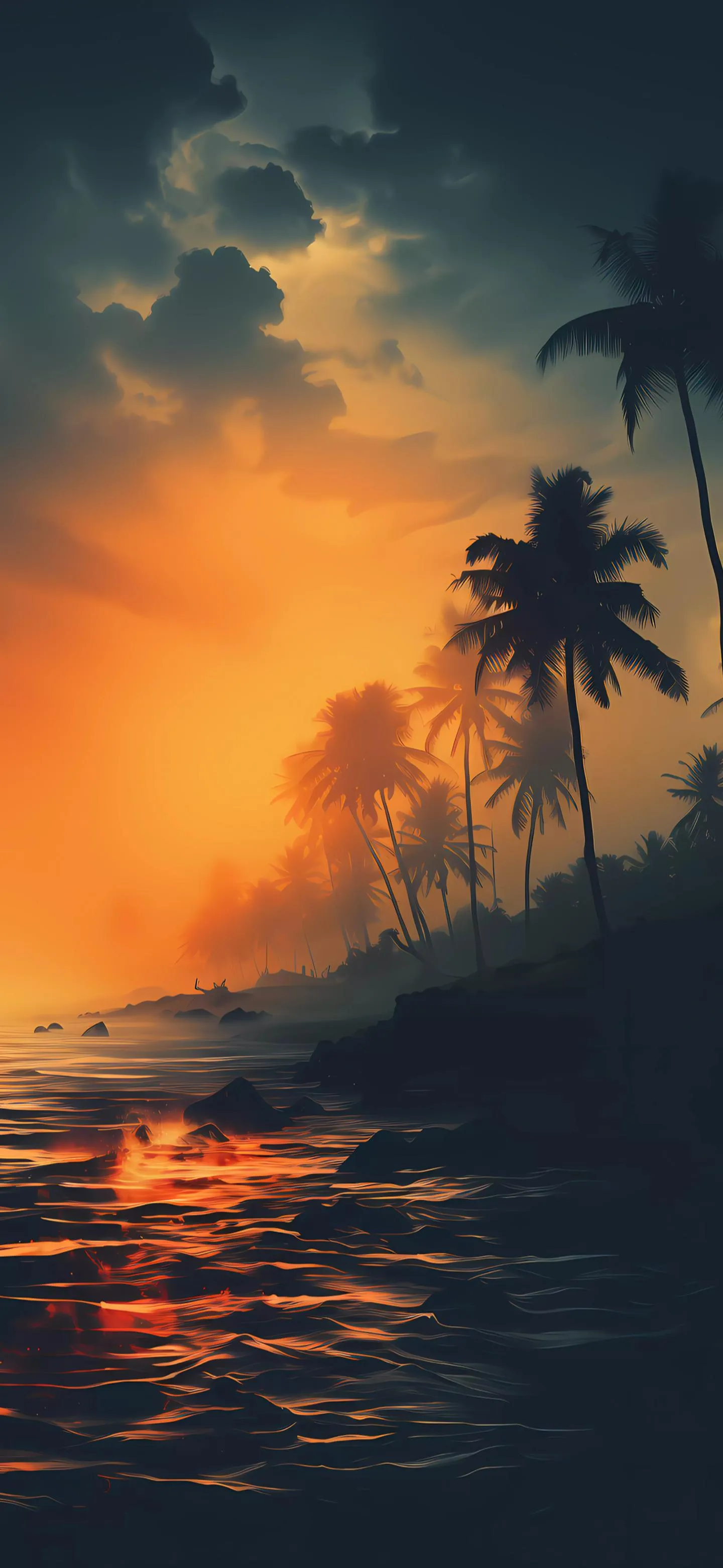 Sunset Palm Trees Reflected in Tropical Ocean Water