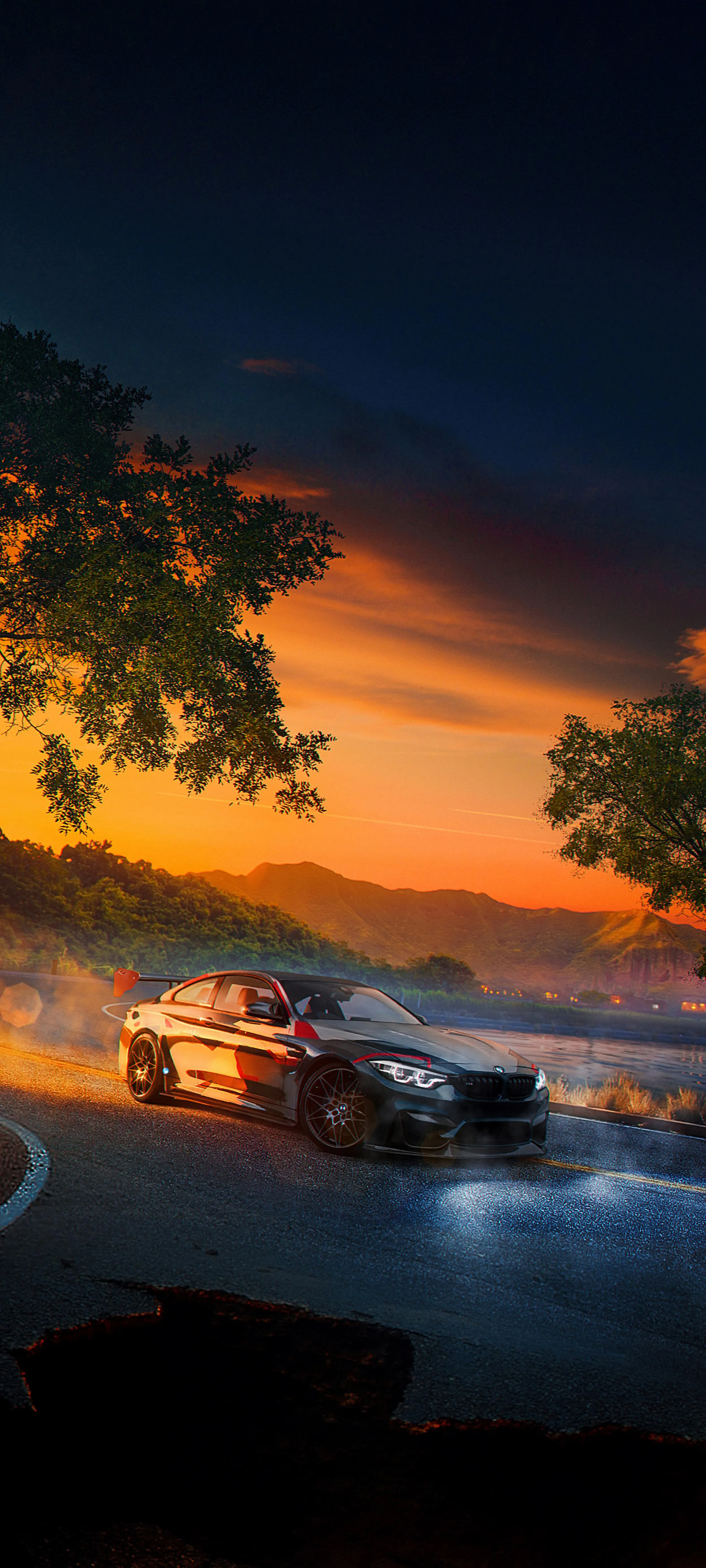 Sunset Road Adventure with Luxury Sports Car on Street