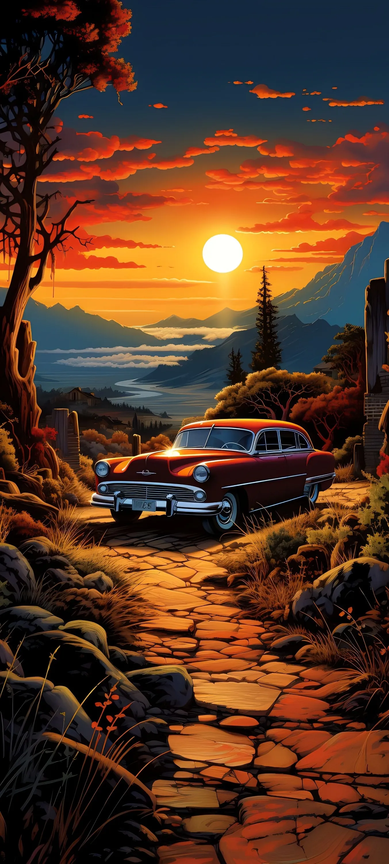 Sunset View with Car on Stone Road in Mountain Village