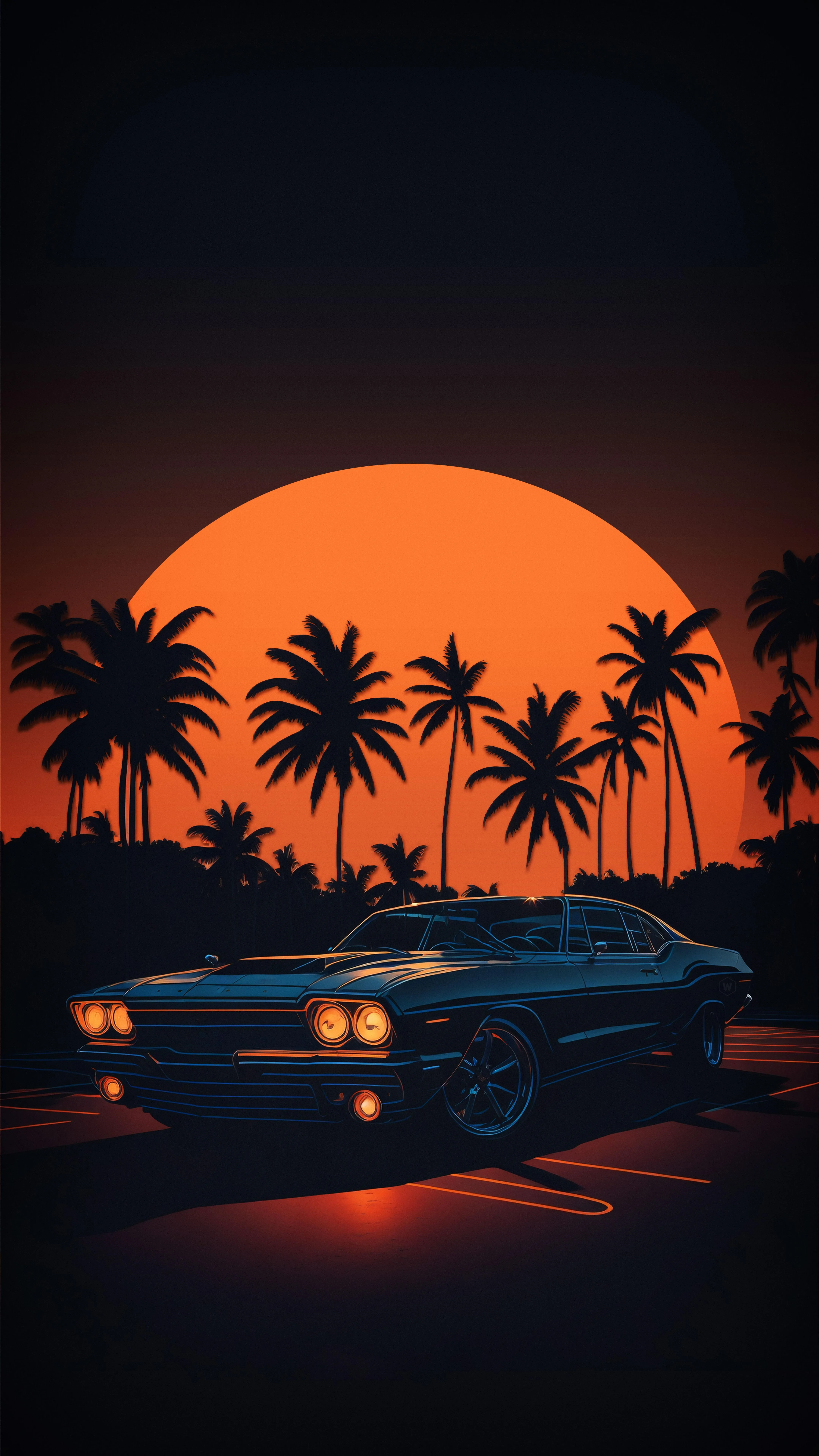 Sunset with Classic Car and Palm Trees Silhouette Background
