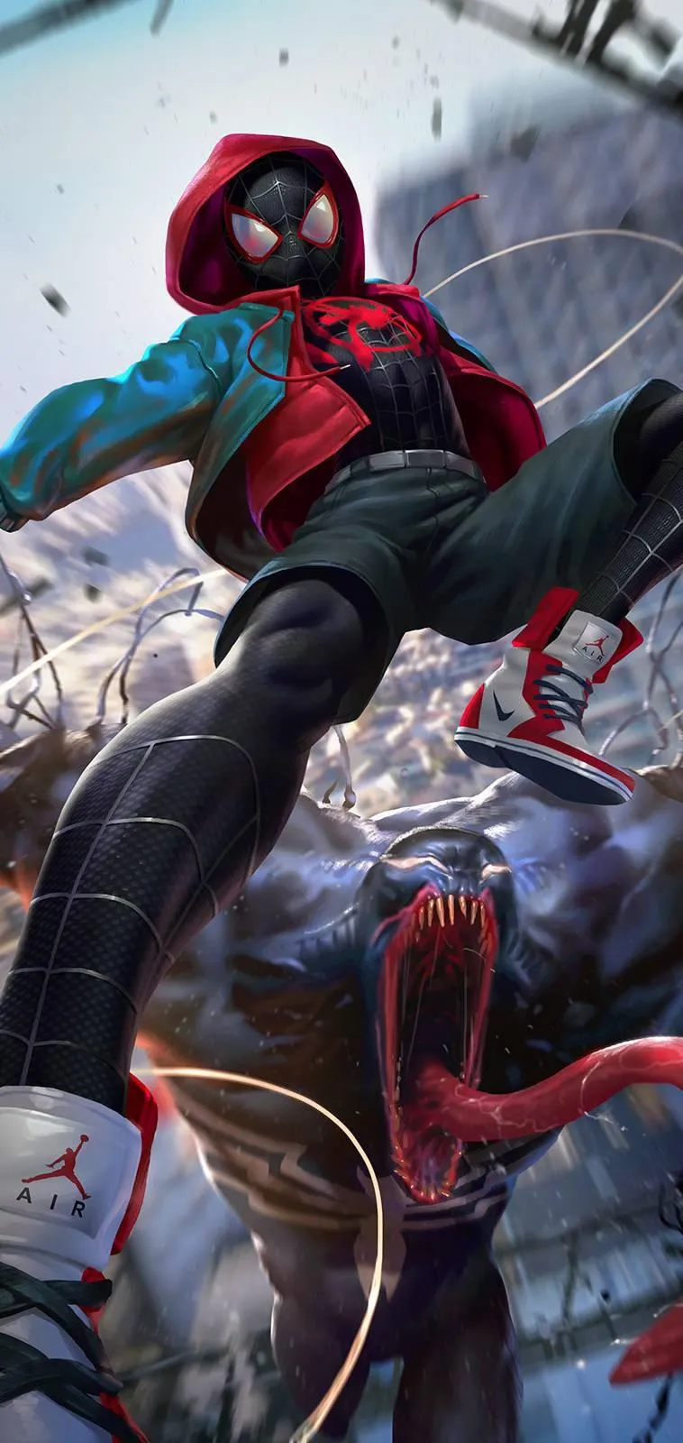 Superhero in Action Jumping Over City Buildings Wallpaper