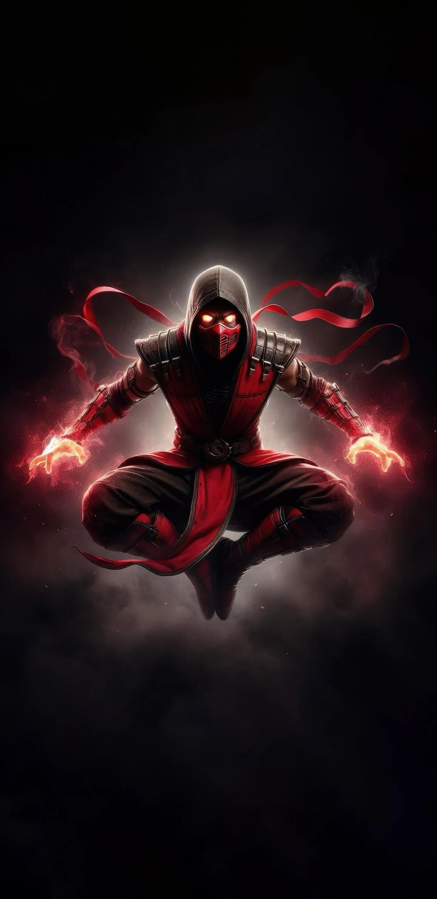 Superhero in Red Light Floating with Power Charge Energy