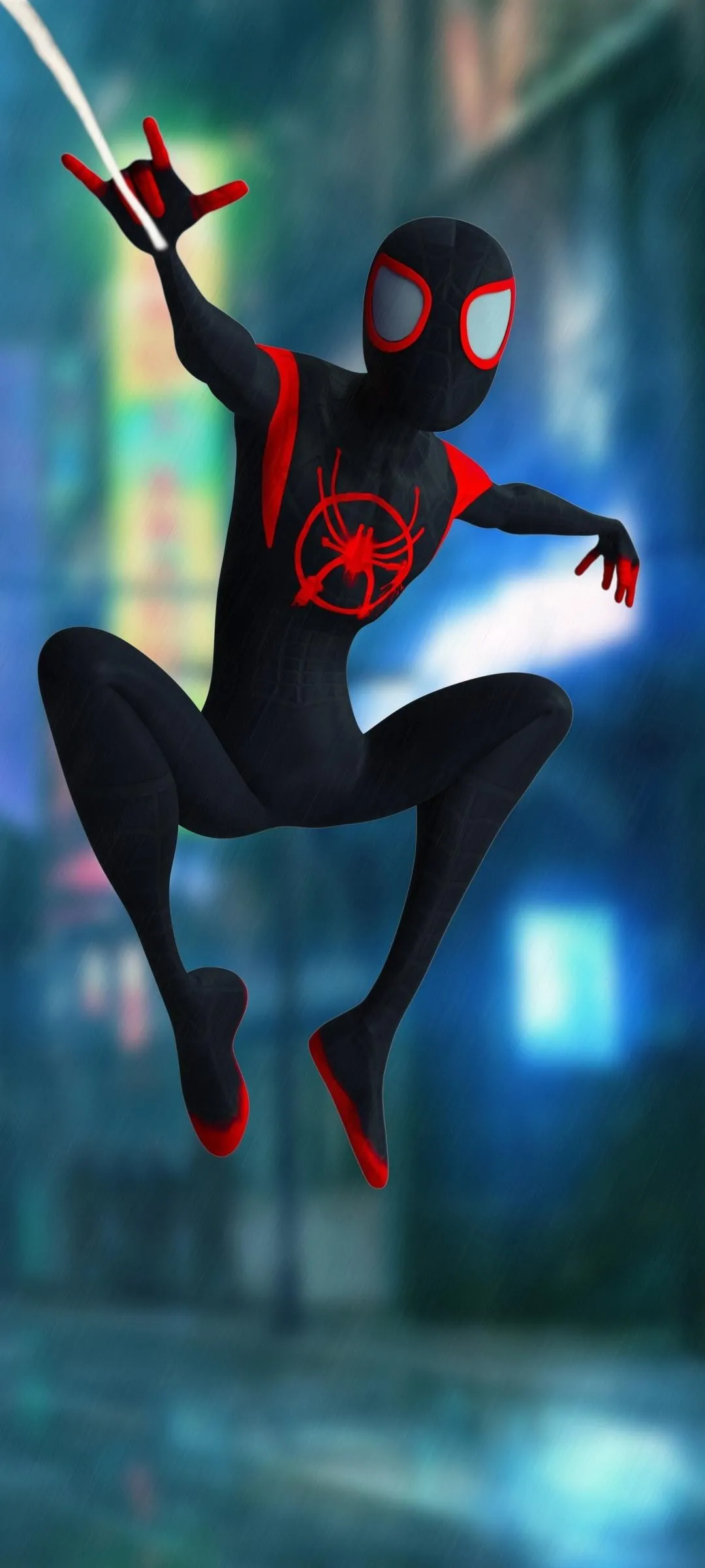 Superhero Jumping Through Neon City at Night Wallpaper