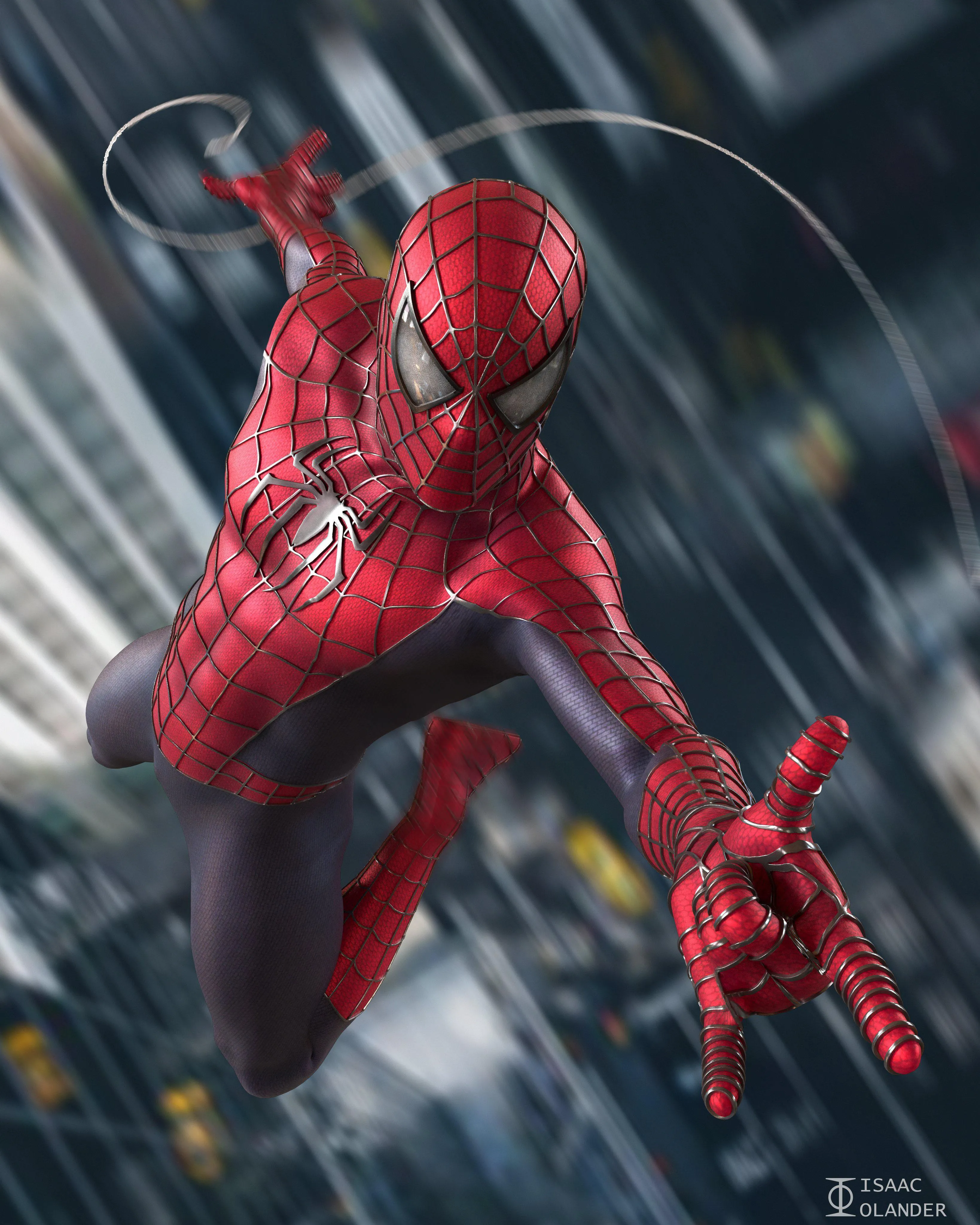 Superhero Swinging Through City Between Tall Buildings
