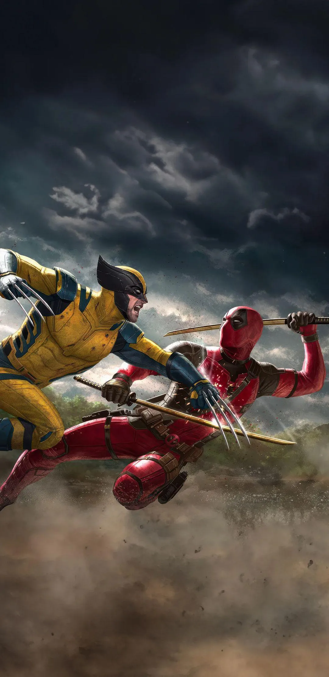 Superheroes Battling in Intense Stormy Environment Wallpaper