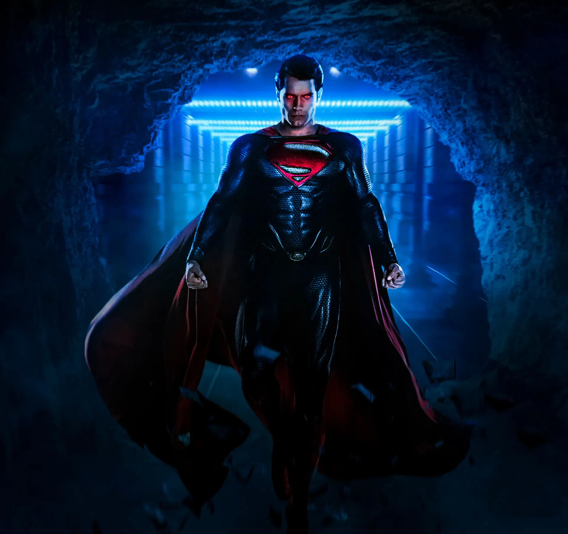 Superman Standing in a Blue Illuminated Tunnel Wallpaper
