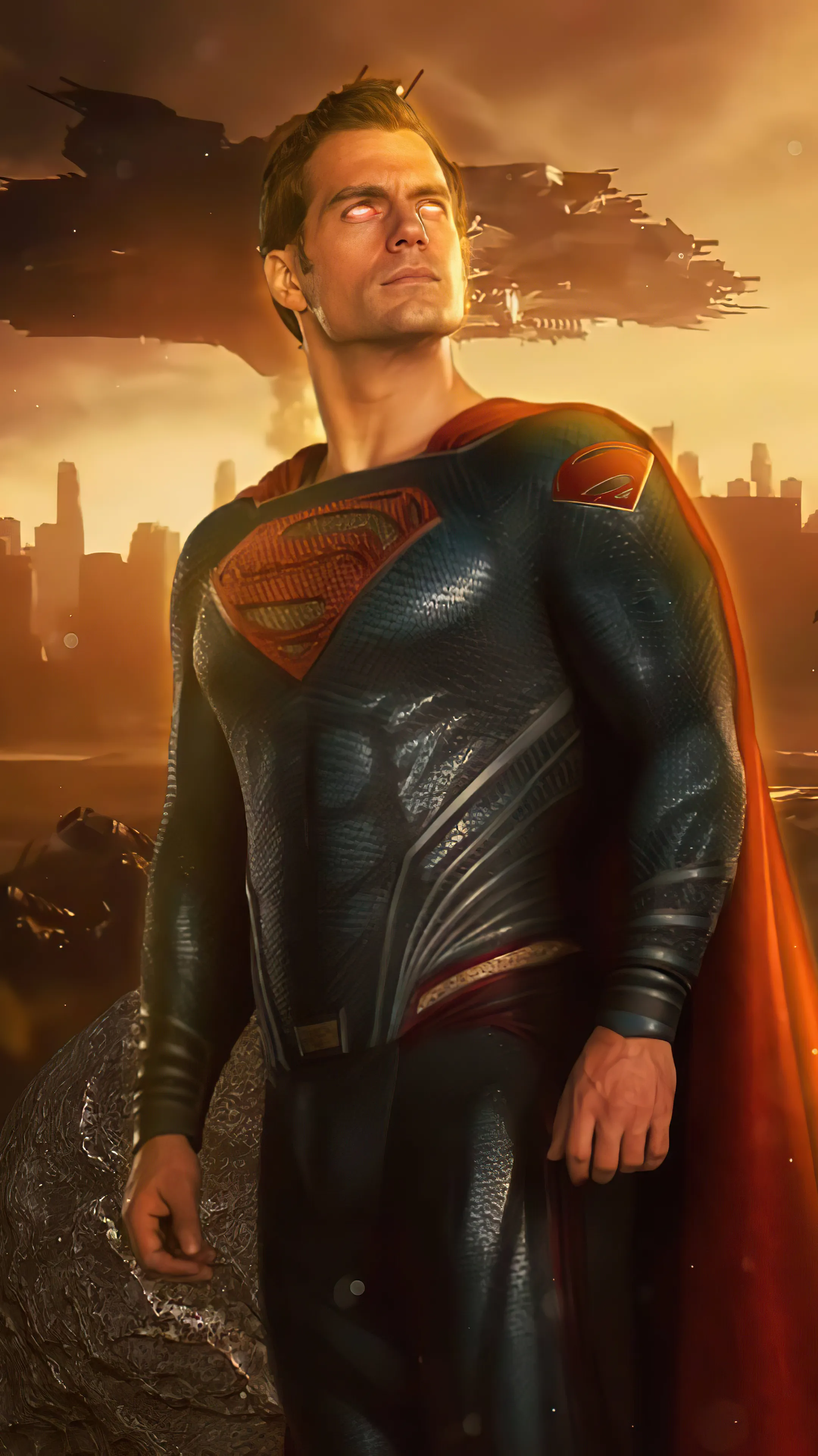 Superman Standing Strong in Golden Sunlight Glow Wallpaper