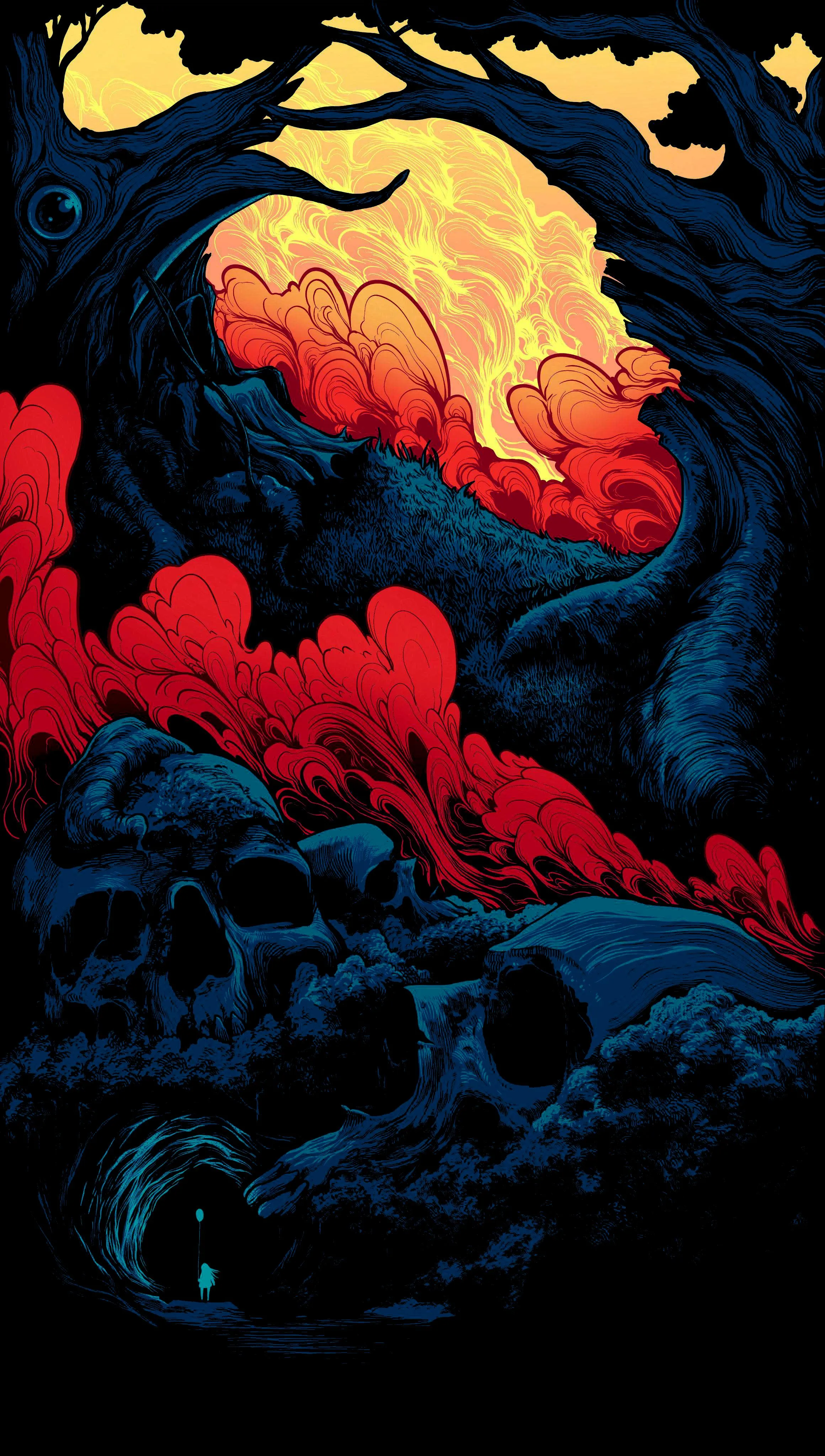 Surreal Fantasy Forest with Skulls and Fiery Red Mist Trail