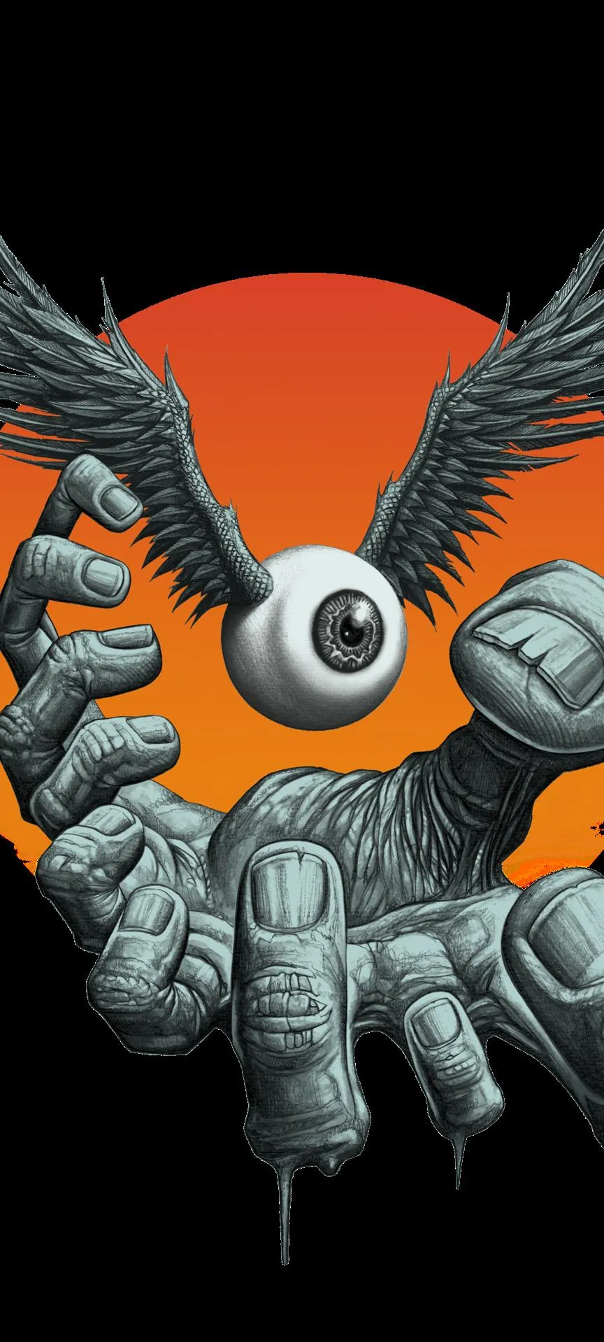 Surreal Flying Eyeball and Hands in Abstract Dark Art