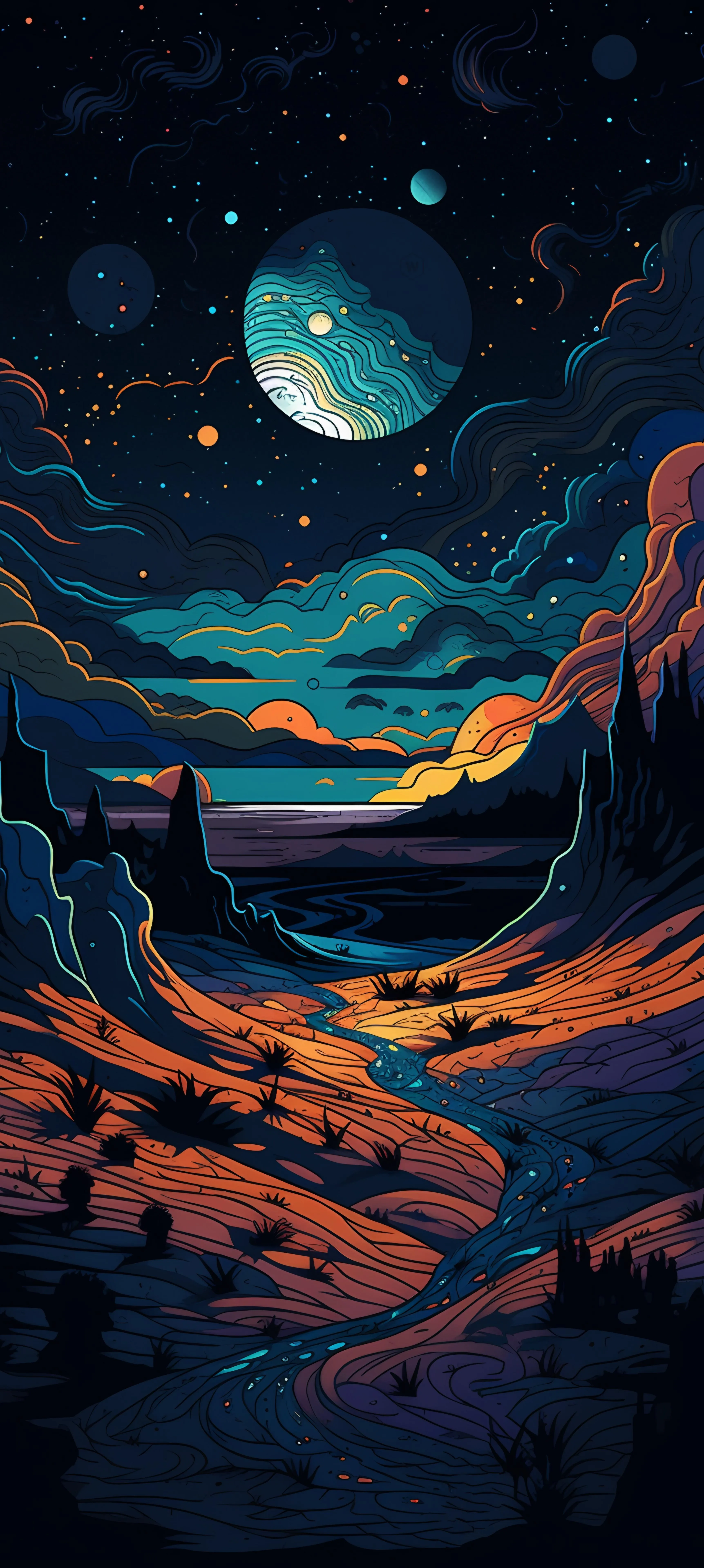 Surreal Landscape with Planet and Stars Above Hills Image