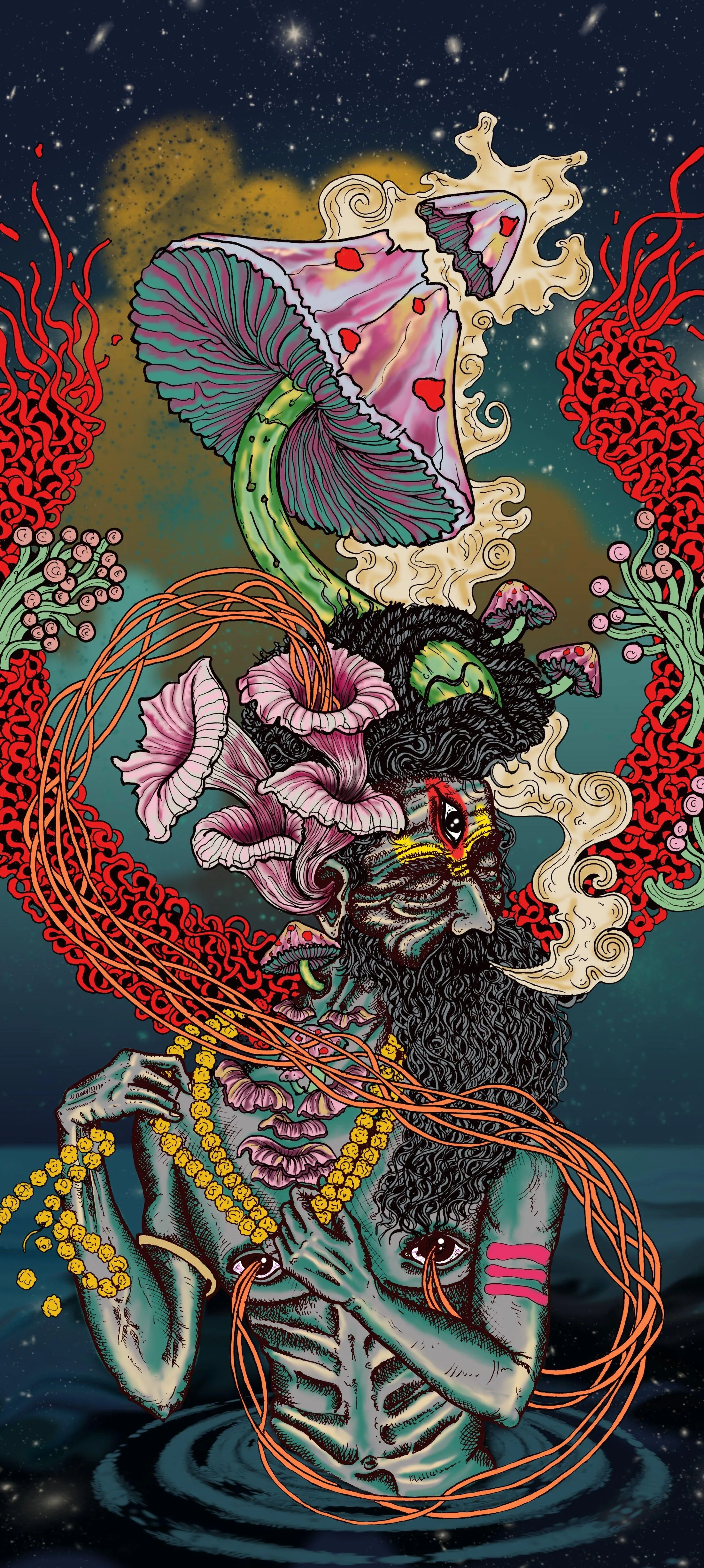 Surreal Mystic Figure with Mushroom Crown and Eyes Image