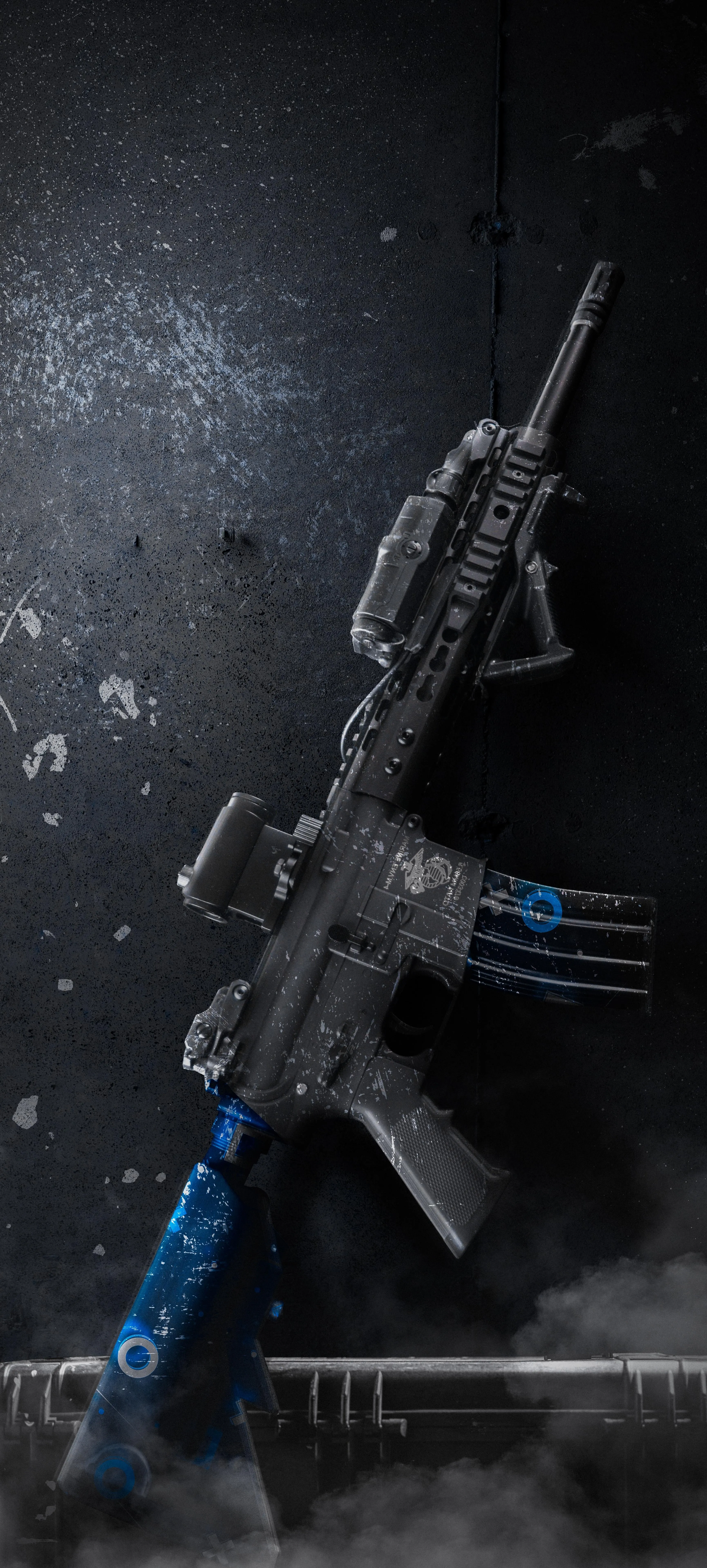 Tactical Weapon Placed on Black Scratched Surface Wallpaper