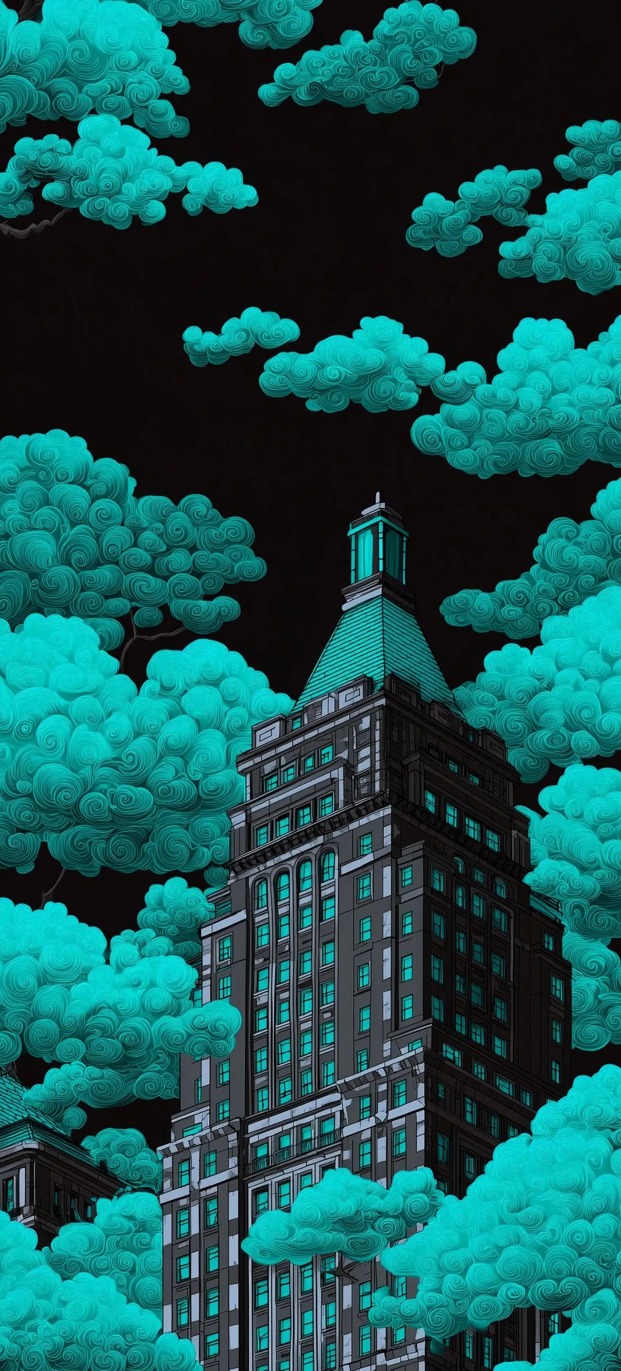 Tall Skyscraper Rising Among Trees Under Greenish Sky