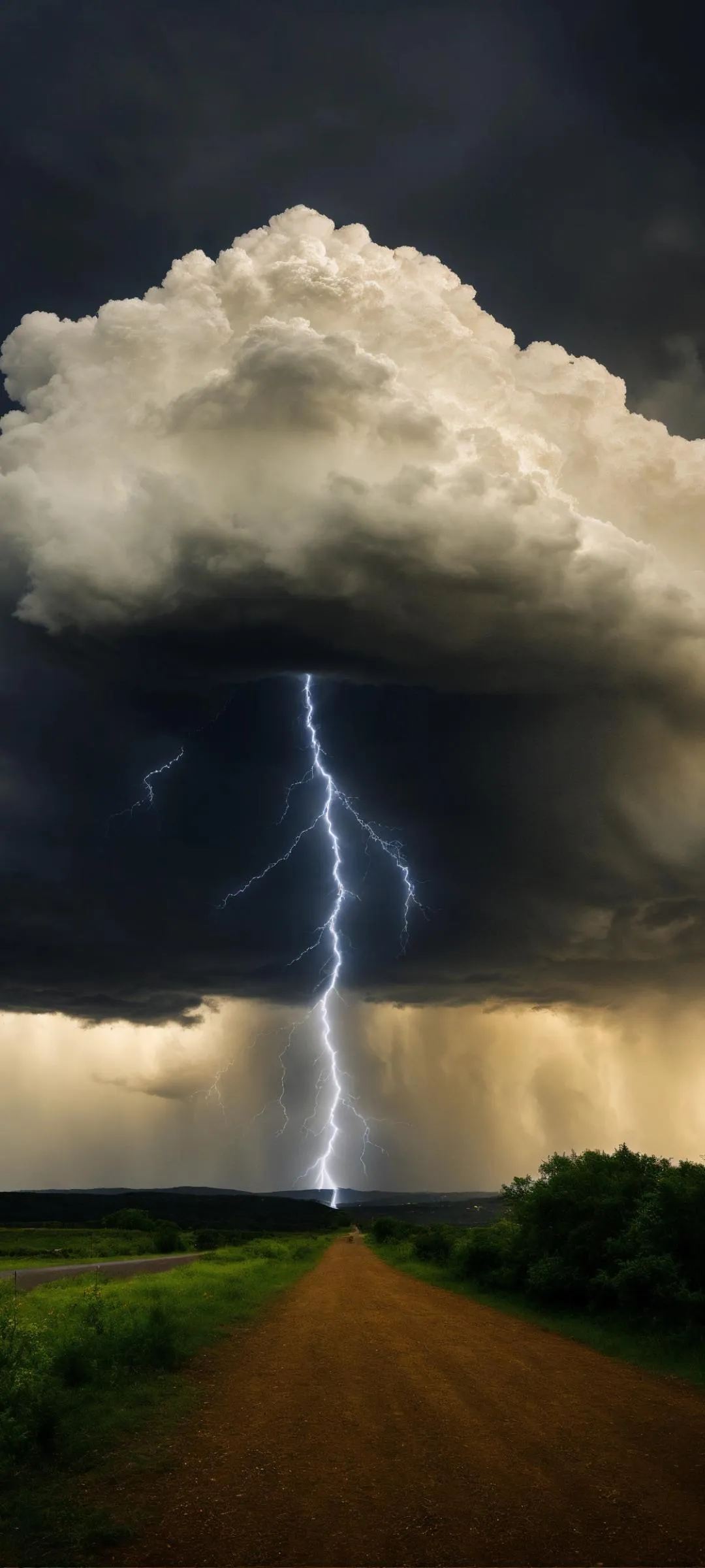 Thunderstorm over Green Fields with Dark Sky View Image
