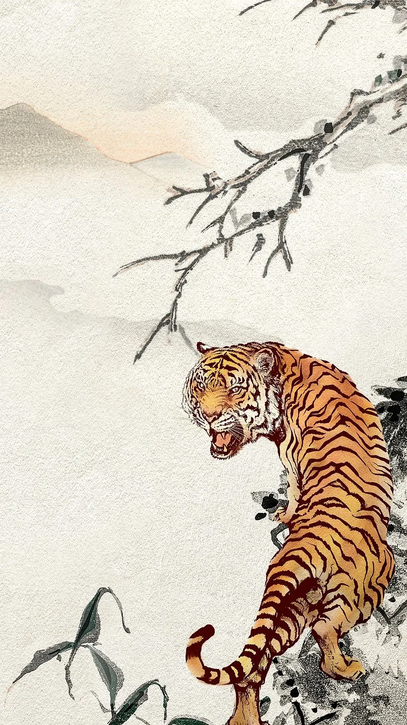 Tiger and Tree Oriental Art for Google Pixel 8a Wallpaper