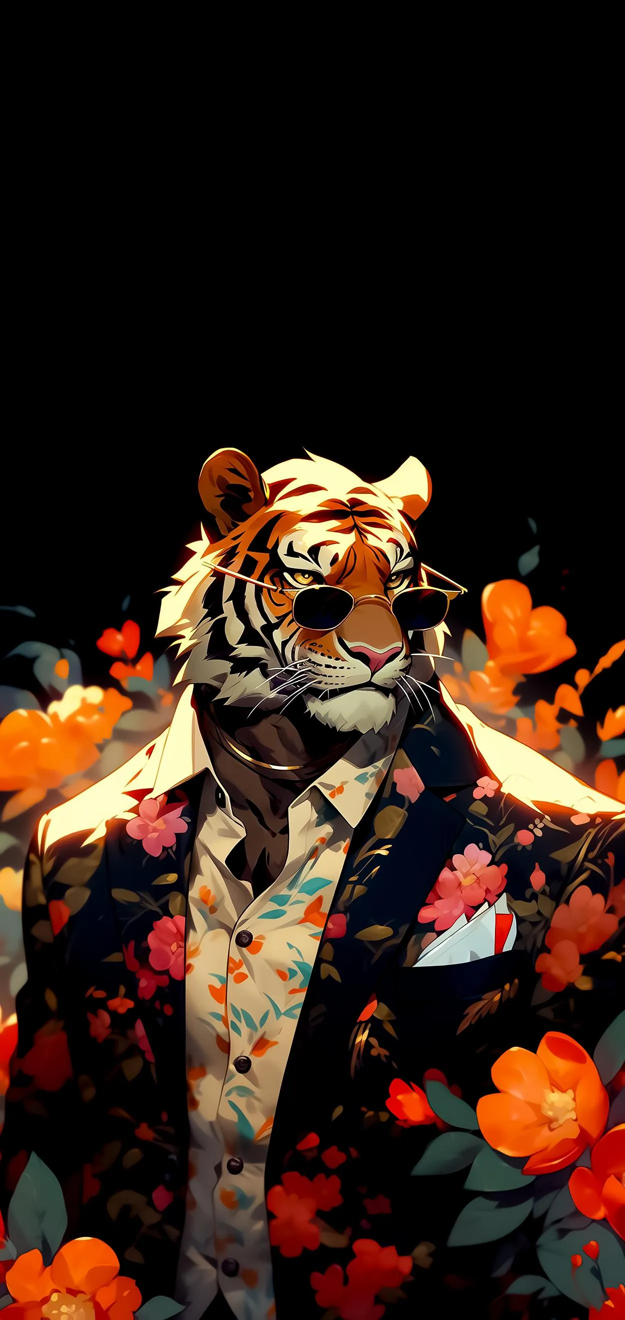 Tiger Wearing Stylish Floral Suit and Sunglasses Wallpaper