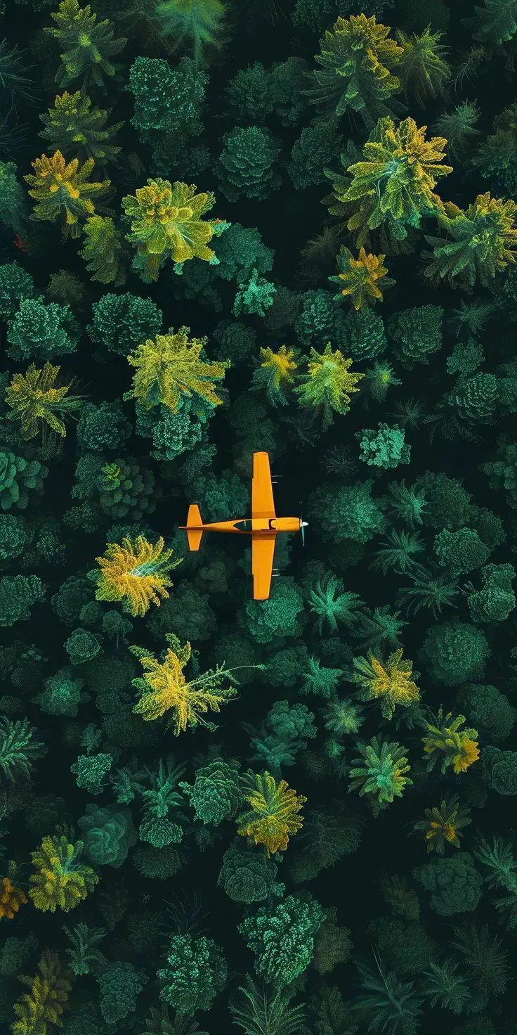 Top Down View of Forest with Flying Yellow Airplane