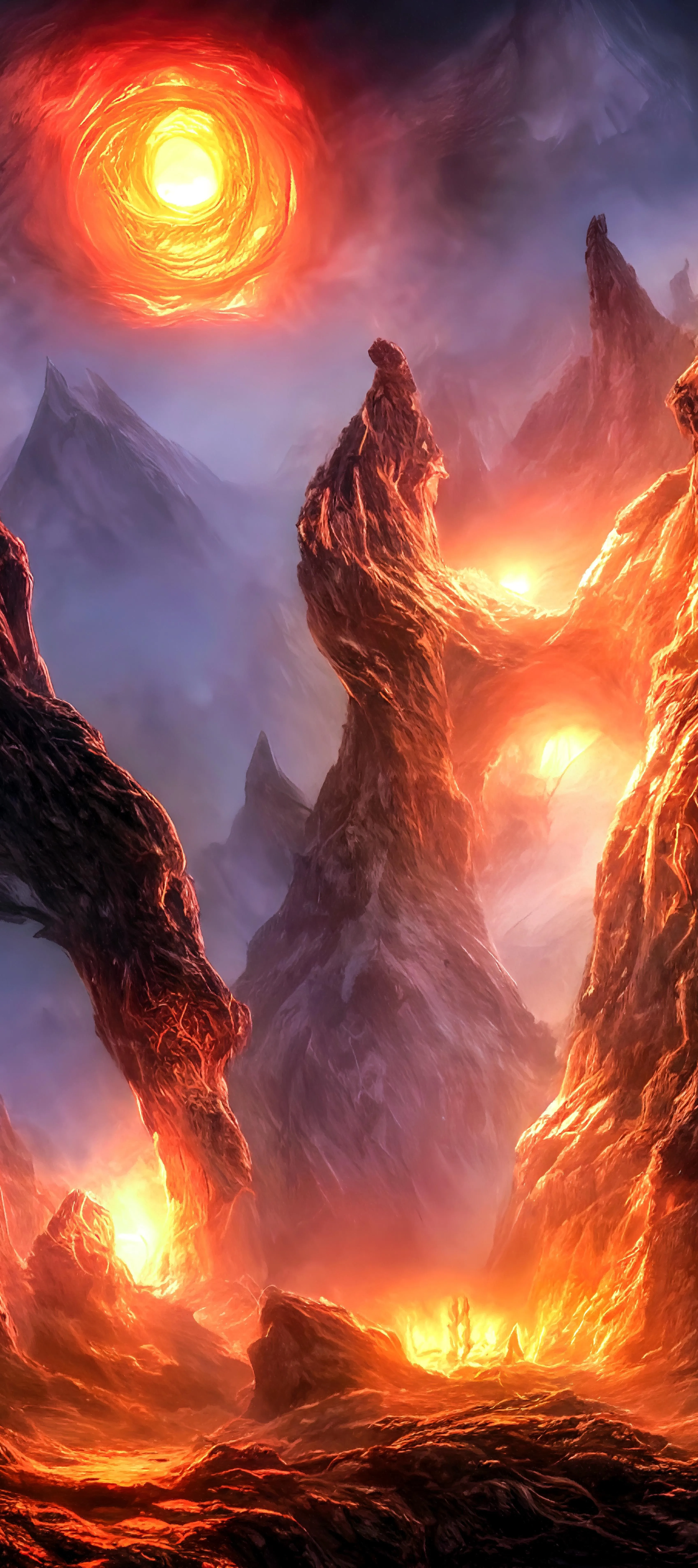 Towering Lava Spires Under Fiery Sky in Volcanic Realm