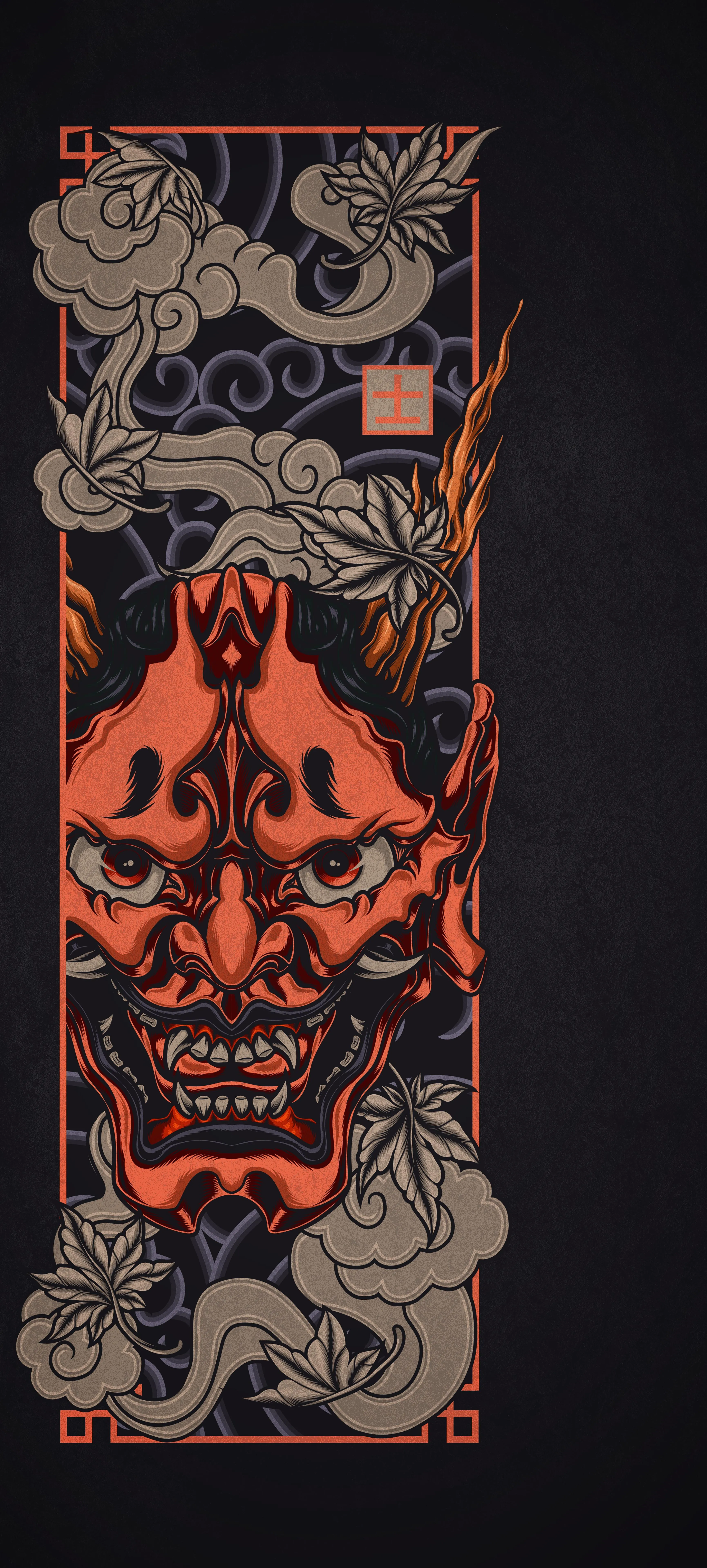 Traditional Asian Mask Art with Red and Black Colors Image