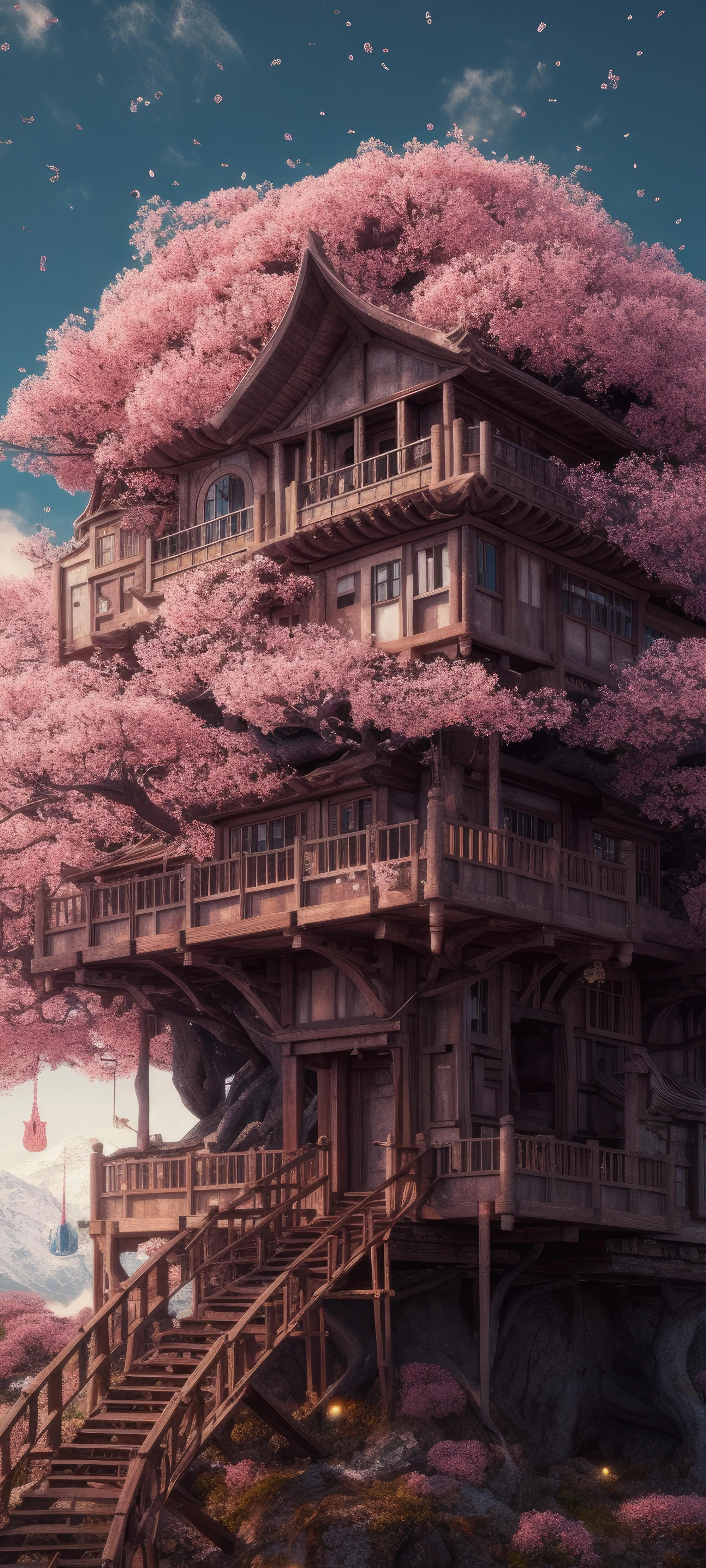 Traditional Japanese House Surrounded by Cherry Trees