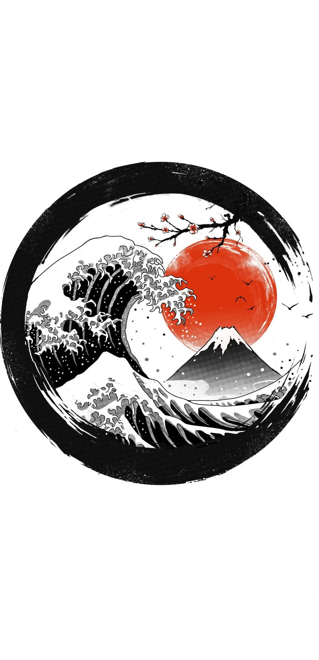 Traditional Japanese Wave and Sun Art with Ink Elements