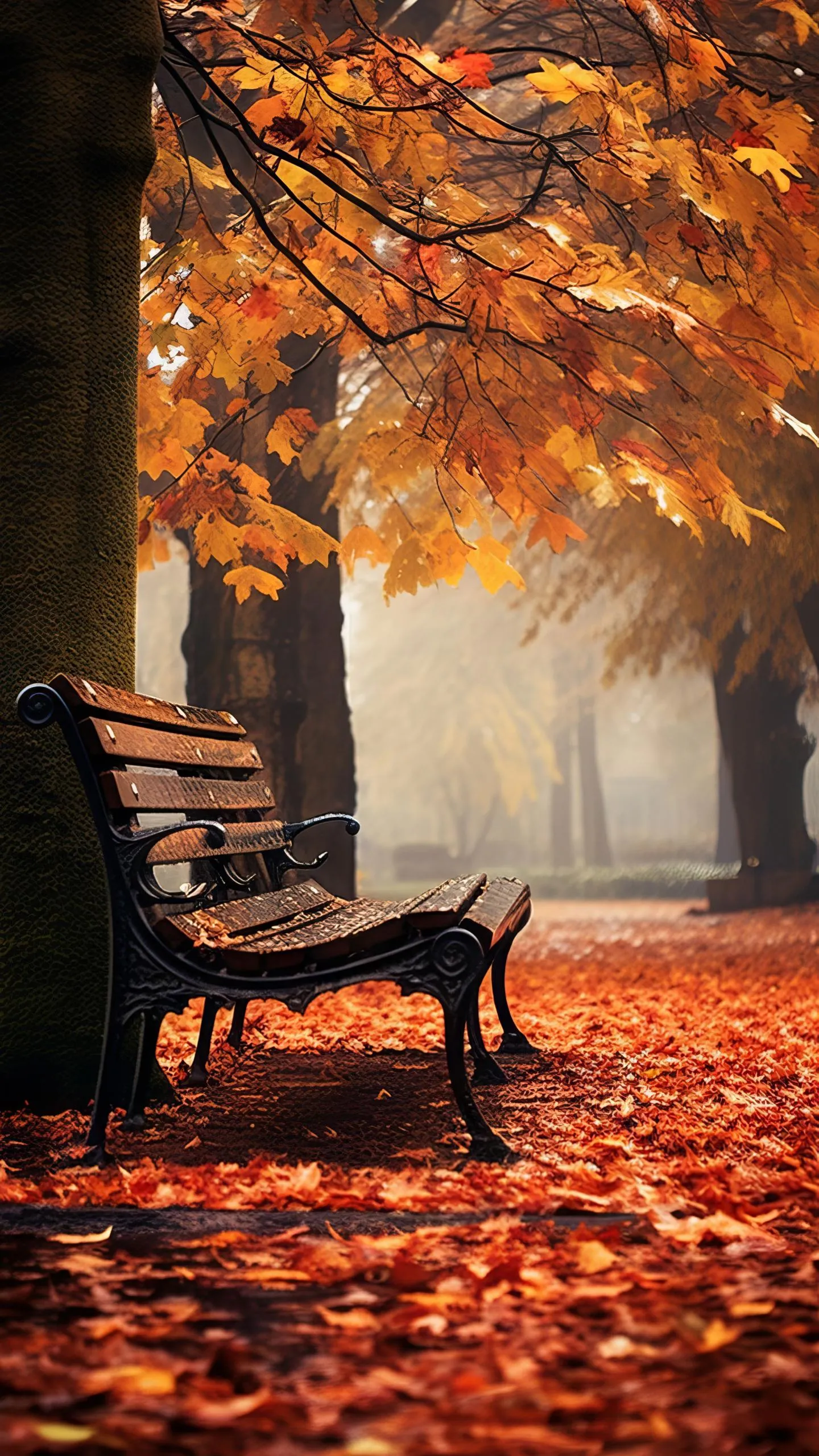 Tranquil Park Bench Under Colorful Fall Trees Wallpaper