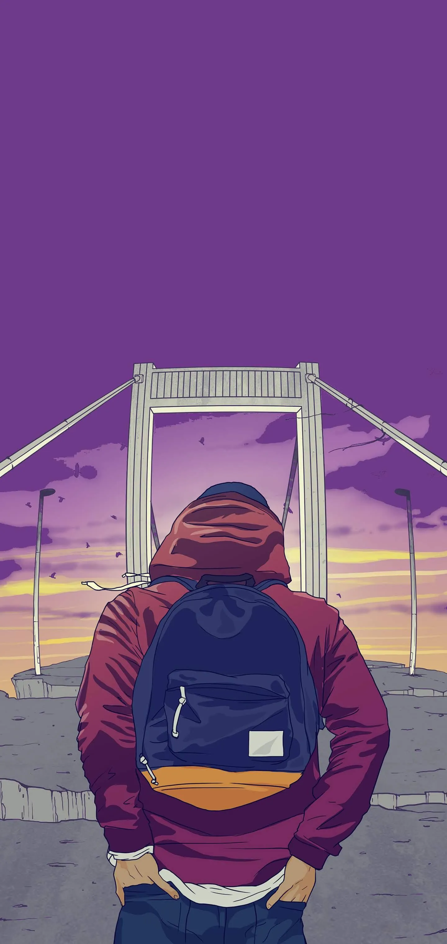 Traveler with Backpack Looking at City Skyline from Bridge