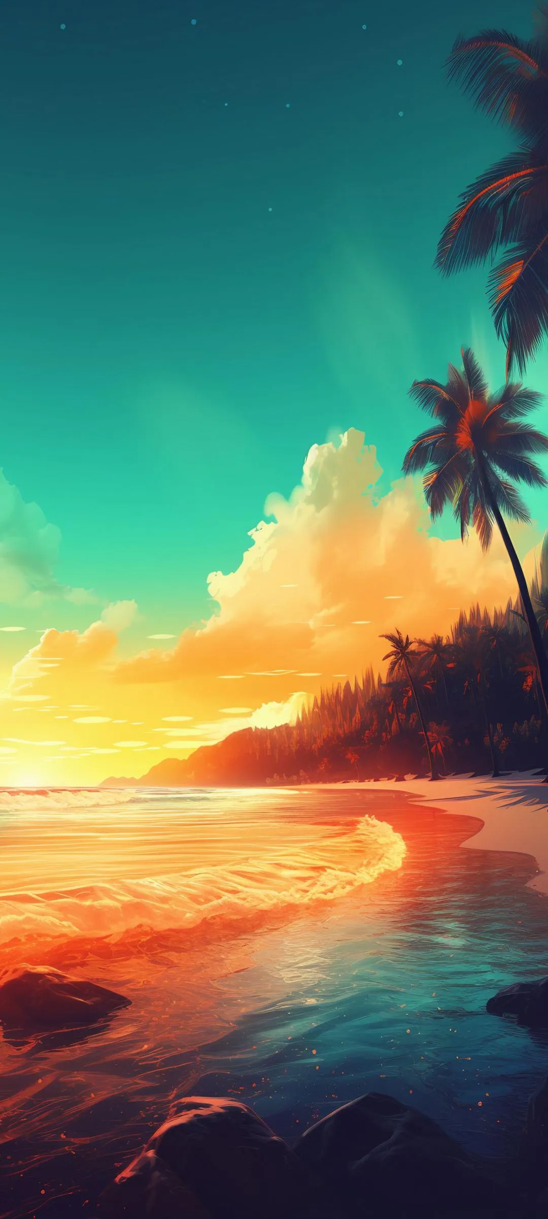 Tropical Beach Sunset with Palm Trees Free Wallpaper